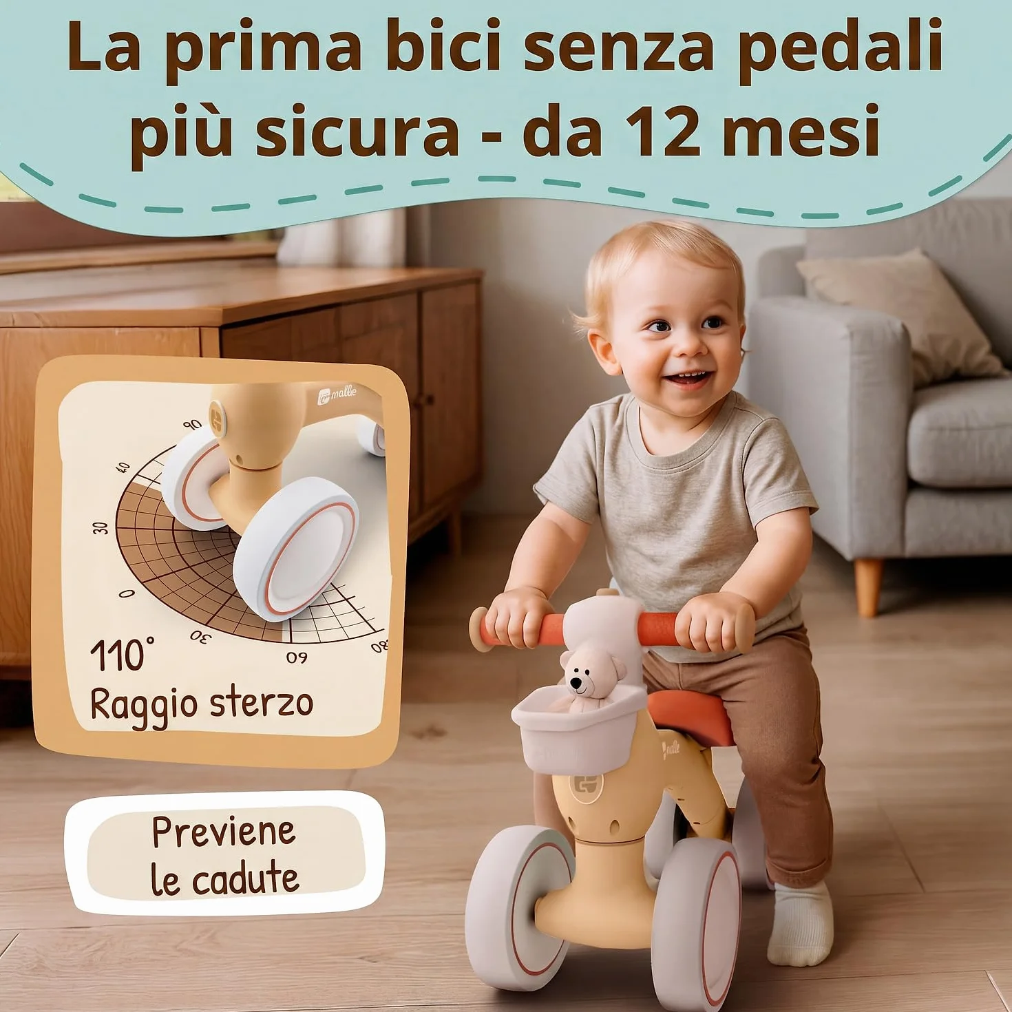 Mallie® Bicicletta Senza Pedali per 1 Anno con cestino - Balance Bike, Regalo Bambino 1 Anno, Bici Senza Pedali 2 Anni, Regalo Bimbo, Regalo Bambina