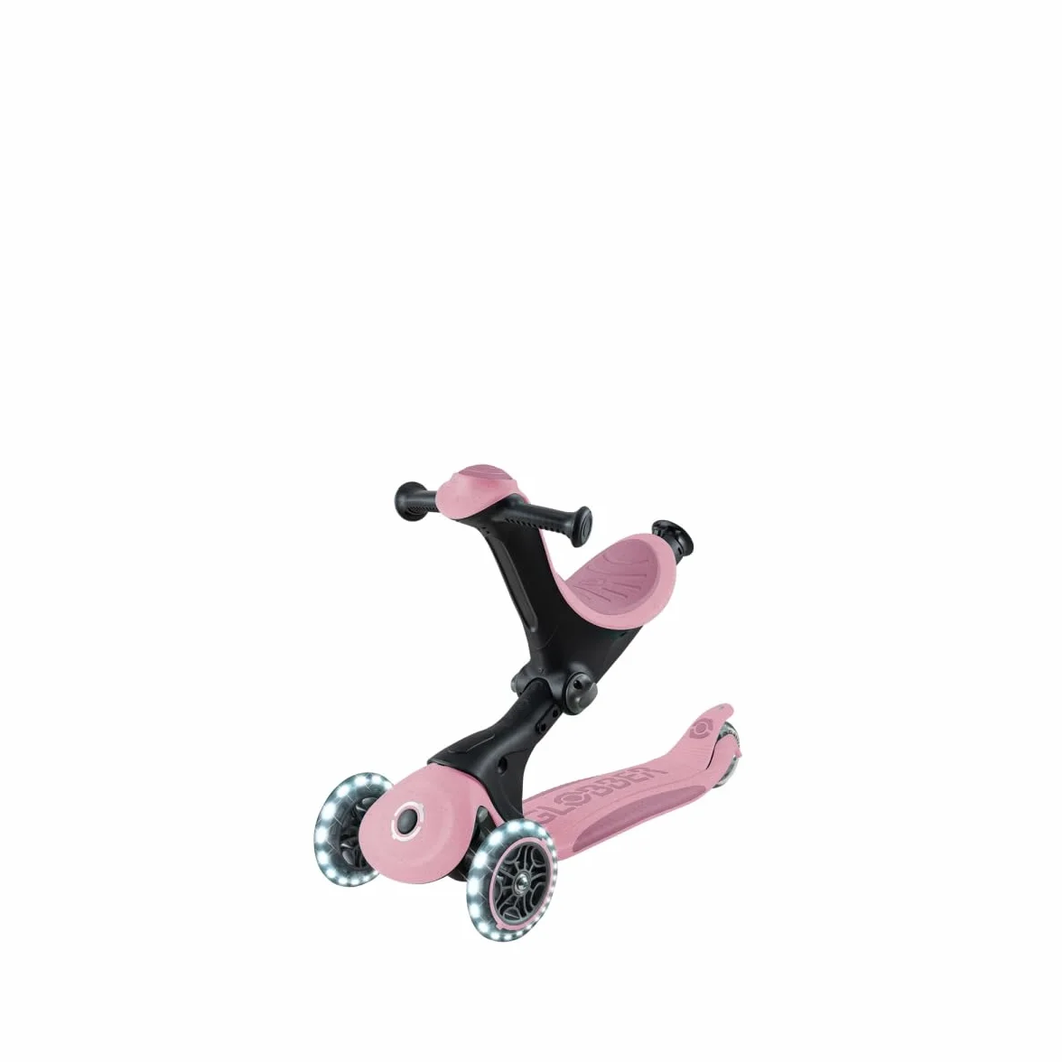 Globber - GO•UP DELUXE LIGHTS ECO 360 - monopattino evolutivo a 3 ruote con seduta girevole a 360°, poggiapiedi, luci LED e materiali sostenibili, per bambini da 15 mesi a 6 anni - rosa bacca