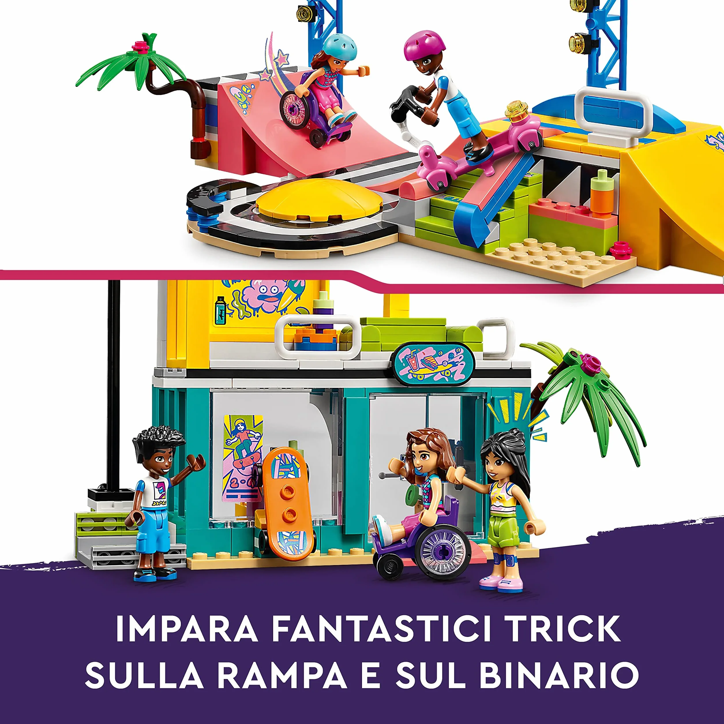 LEGO Friends Skate Park, Set con Rampa da Skateboard, Giochi per Bambine e Bambini dai 6 Anni con Personaggi 2023, Monopattino e Sedia a Rotelle 41751