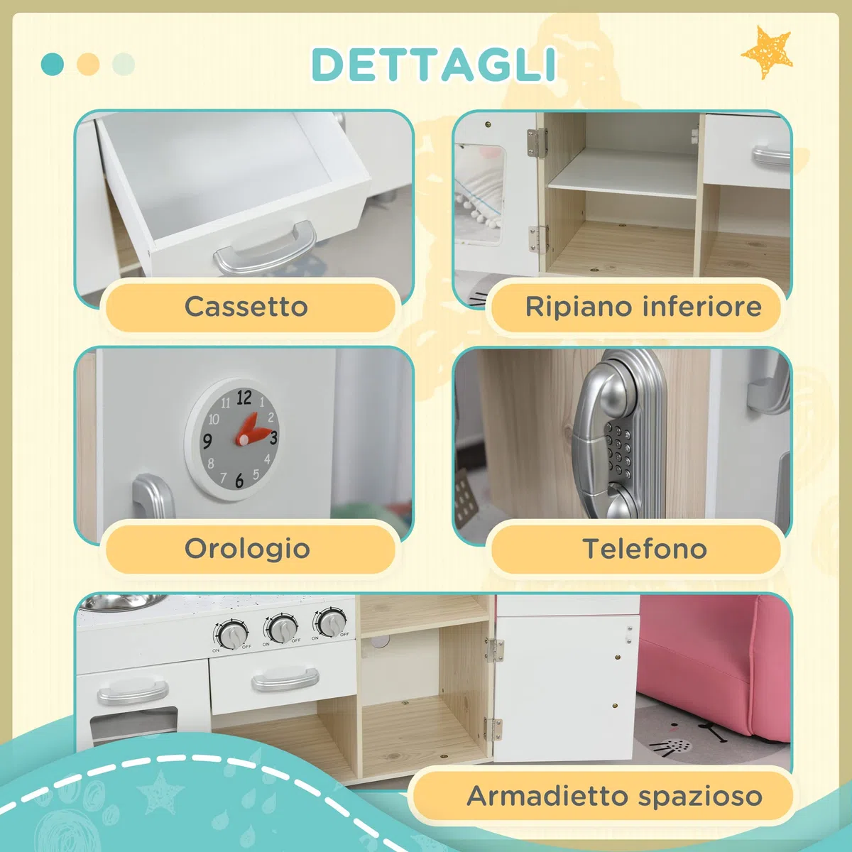 HOMCOM Cucina Giocattolo in Legno per Bambini con Lavandino e Fornelli, Pentole e Utensili in Acciaio, 74x30x81cm, Bianco