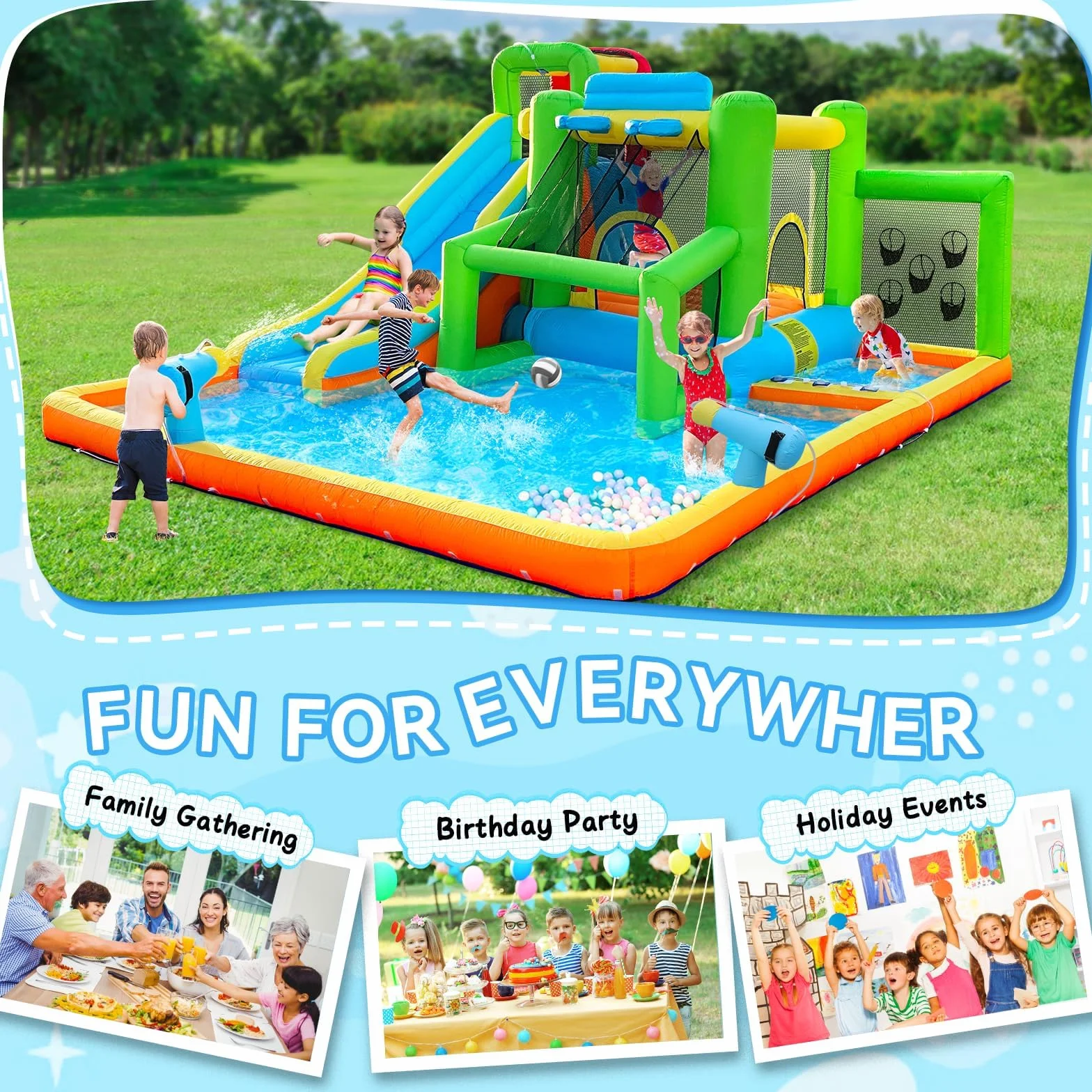 Castello Gonfiabile per Bambini, Parco Acquatico a Secco/Scivolo per Interno Outdoor, Castello Gonfiabile Gigante con Piscina Parete Arrampicata Trampolino, Fino a 4 bambini/140KG, 425 x 355 x 215 cm