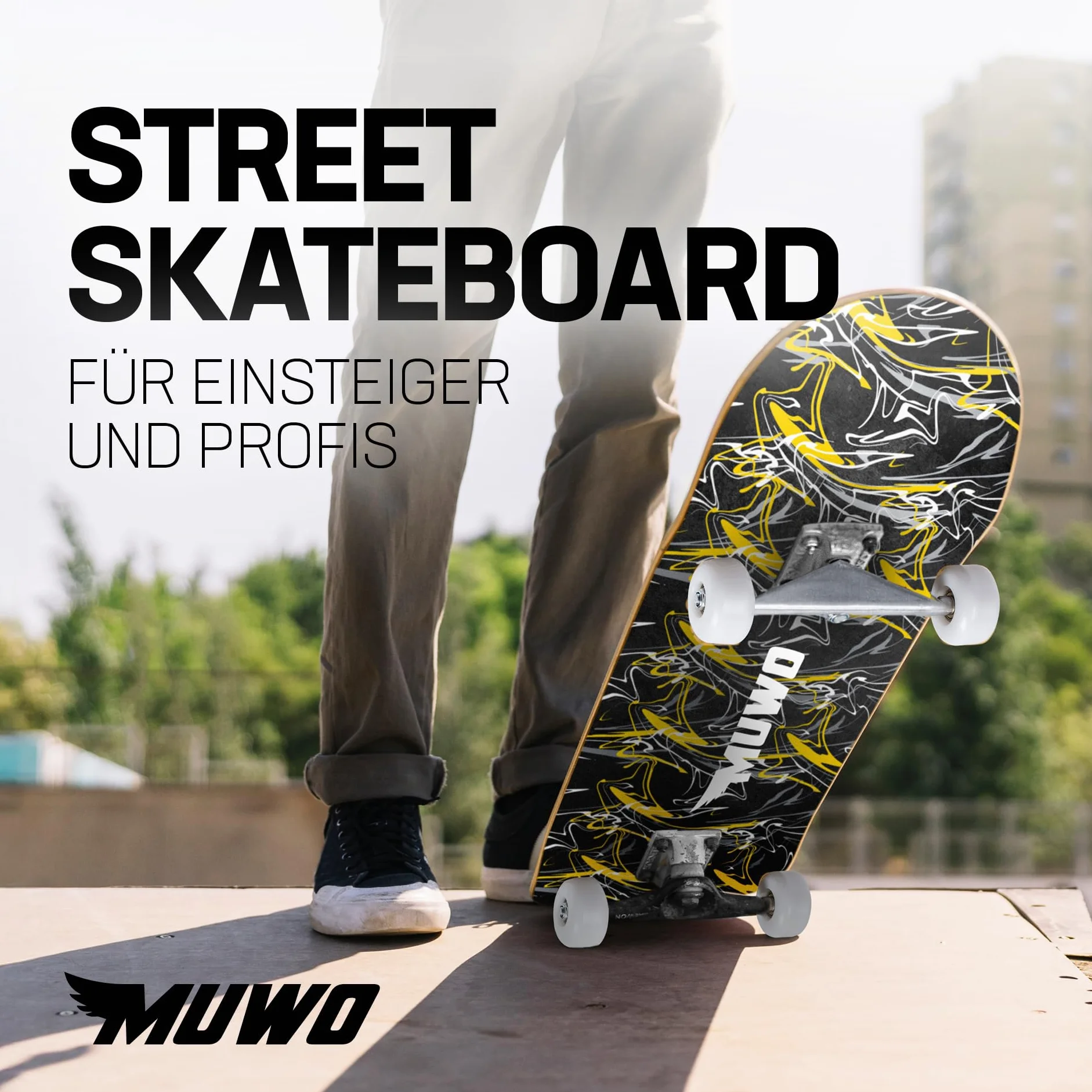 MUWO Street Skateboard 31 x 8 pollici – Tavola completa per principianti in robusto legno e alluminio, adatta per bambini, adolescenti e adulti con diversi motivi (Swing & Wing)