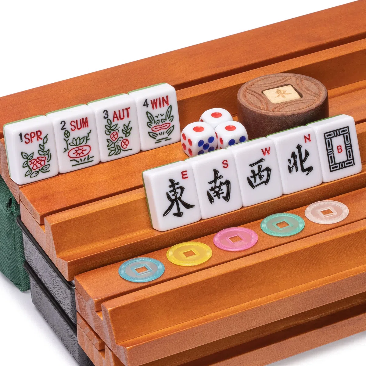 Yellow Mountain Imports Huntington Set di mahjong americano custodia morbida verde oliva 4 rack spingitori dadi monete punteggio