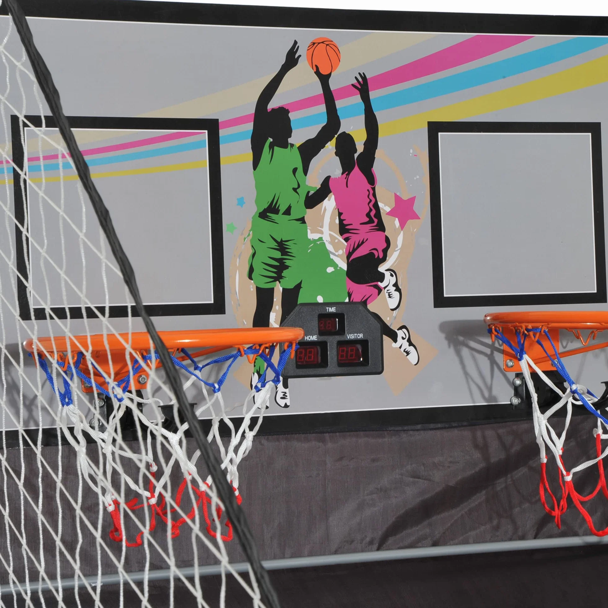 HOMCOM Canestro Basket con Tabellone LED, Pompa, 2 Canestri, 4 Palloni e 8 modalità di Gioco, Macchina da Pallacanestro Elettronica in Acciaio, Tessuto Oxford, MDF, 205x110x205 cm, Bianco e Nero