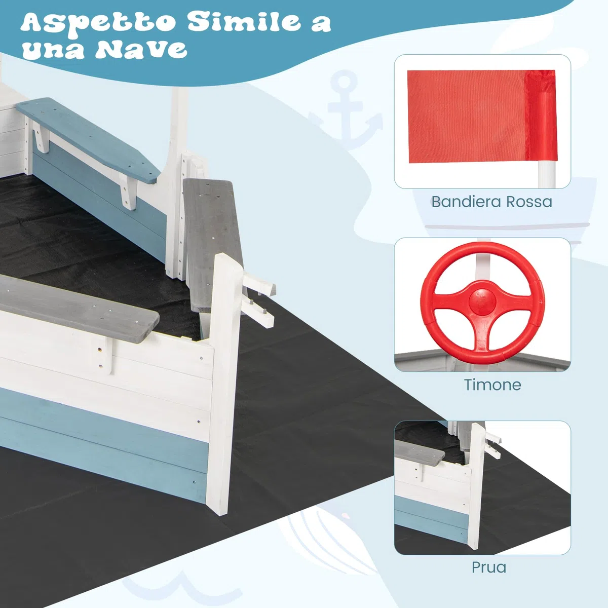 GYMAX Sabbiera in Legno di Abete, Casetta da Gioco per Giardino a Forma di Nave con Tetto Spiovente, Rivestimento, Sedili Multipli, Ampio Spazio di Stoccaggio, Sabbiera da Esterno per Bambini