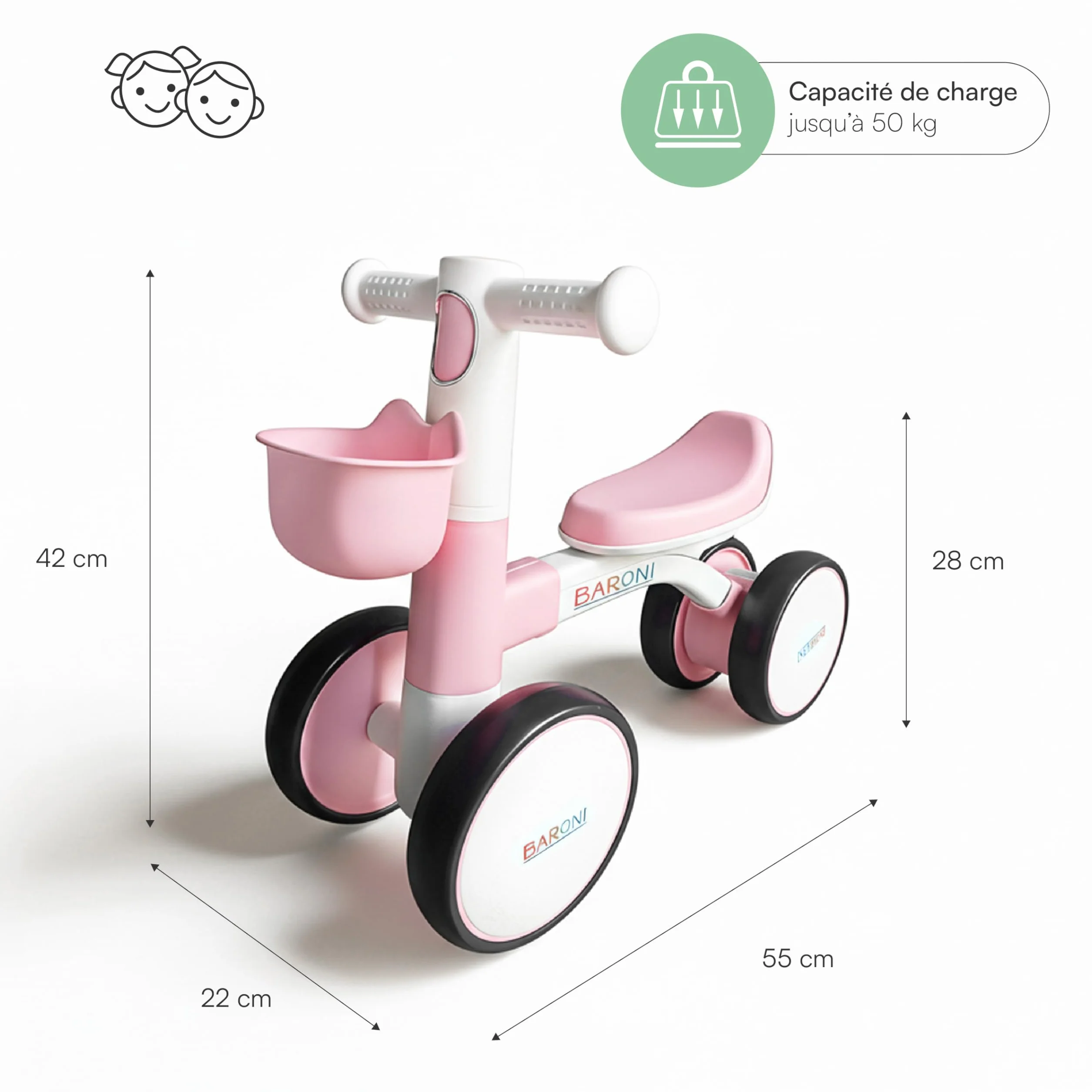 Baroni Toys Bici Senza Pedali Rosa a 4 Ruote per Bambini dai 3 Anni, Primi Passi con Luci e Suoni, Cestino Portaoggetti, Balanced Bike, Ideale per Sviluppo Motorio e Coordinazione, 55x22x42cm