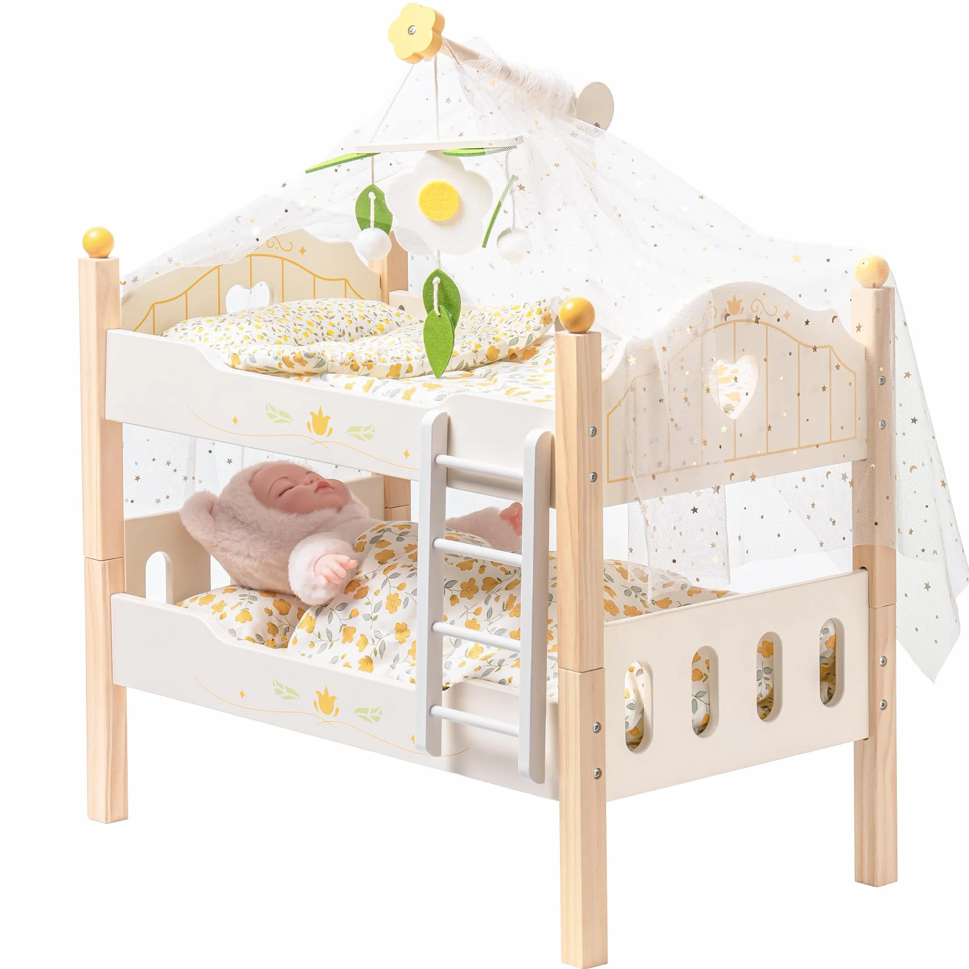 ROBOTIME Letto a castello per bambole in legno da 18", lettino per bambole trasformabile con scaletta e biancheria da letto, culla per bambole impilabile, regalo perfetto per bambini, color legno