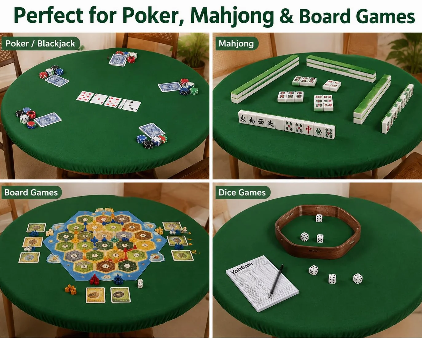 Katai – Copritavolo da Poker in Panno Verde per Tavoli Rotondi 90–120 cm – Antiscivolo e Fonoassorbente – Stile Casinò per Giochi da Tavolo – Con 6 Sottobicchieri in Sughero
