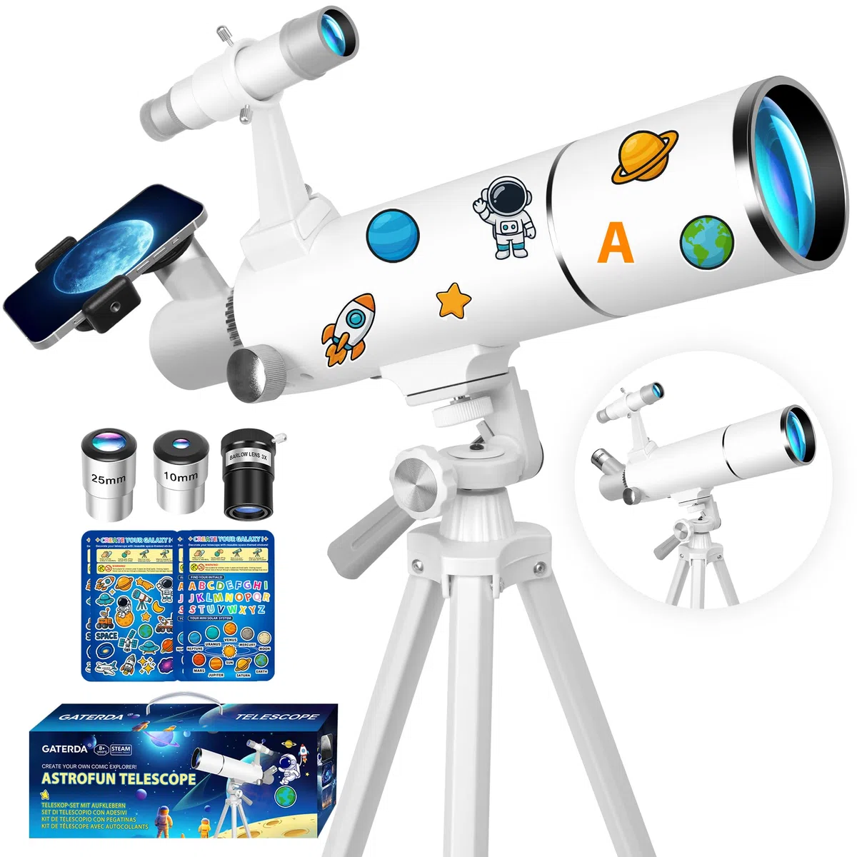 Telescopio Astronomico per Adulti, 80/500mm Telescopio Rifrattore per Principianti con Adattatore per Telefono, Adesivi Decorativi a Tema Spaziale e Treppiede