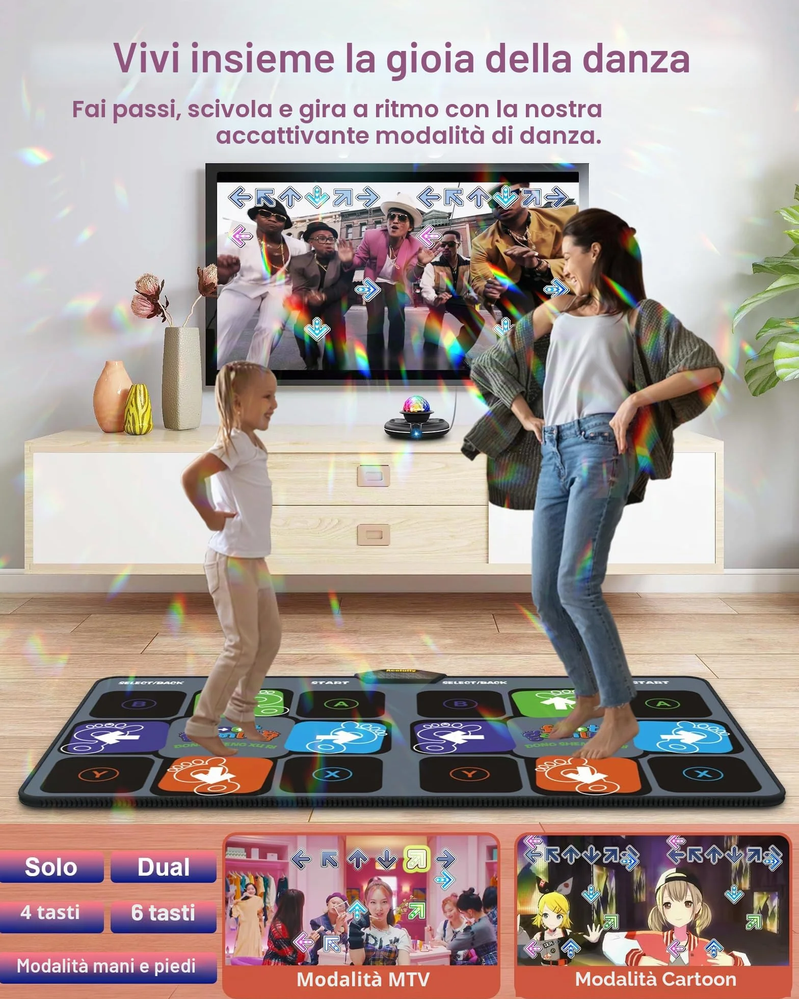 Tappetino da Ballo per Bambini per TV con Telecamera, Tappetino da Gioco Antiscivolo per Interni con 2 Controller Wireless e Palla da Discoteca Colorata, Regalo per Ragazzi, Ragazze, Adulti