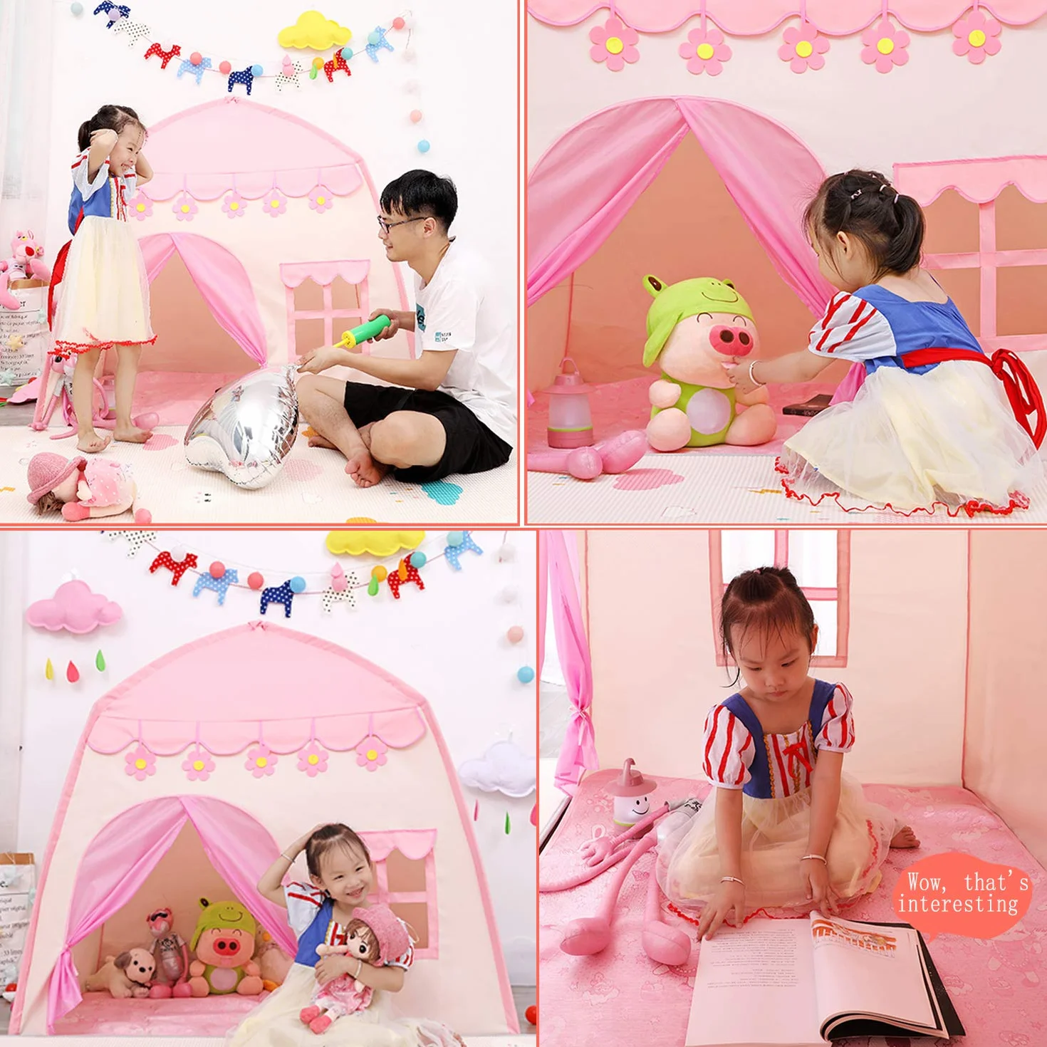 Tenda da gioco per bambini con luci a stella, rosa, per interni ed esterni
