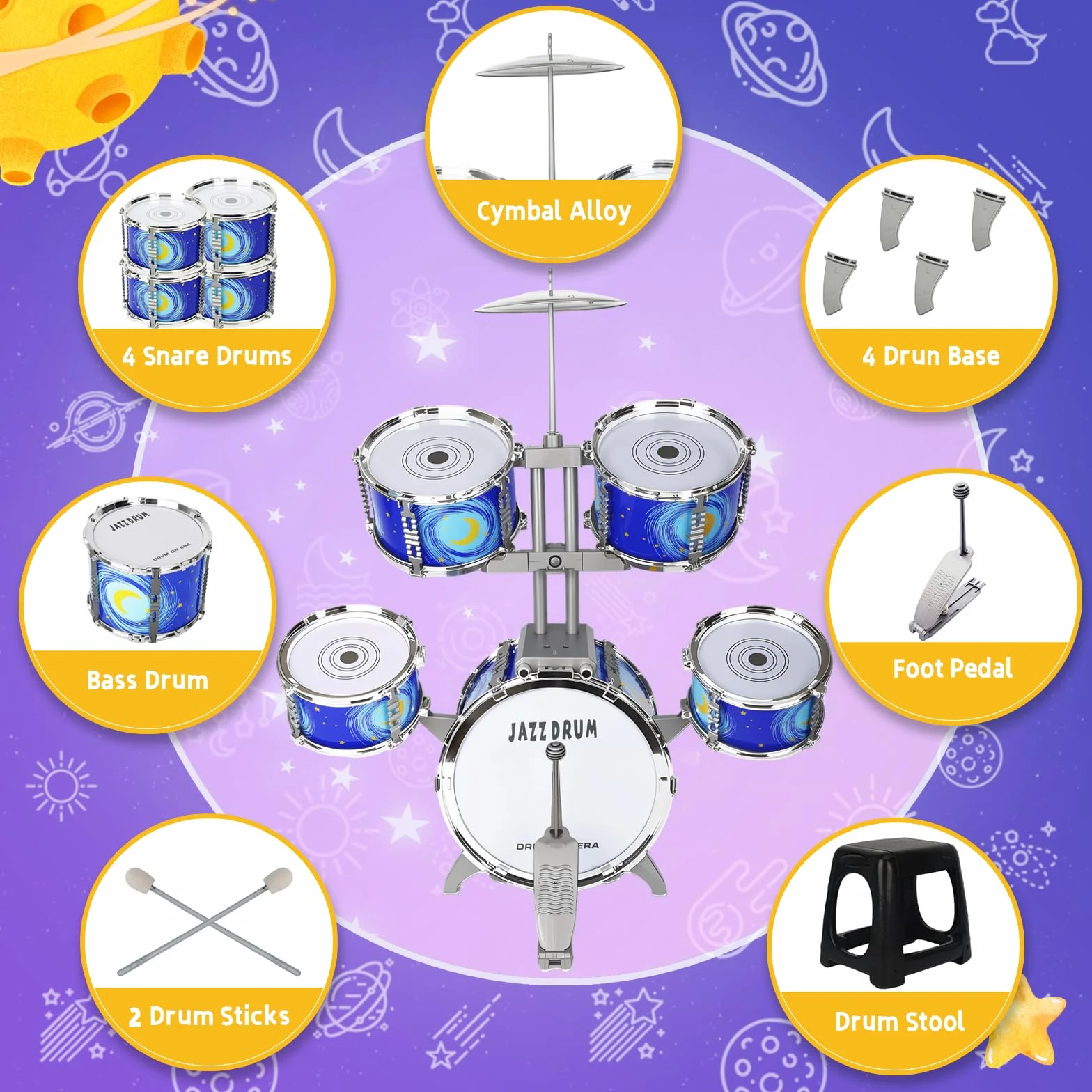 Batteria Bambini Giocattolo, 5 Tamburi Batteria Jazz Kit Strumento Musicale Percussione Educativo Giocattolo con Sgabello per 3 4 5 6 Anni Principianti Ragazzi Ragazze Compleanno Natale Regali, Blu