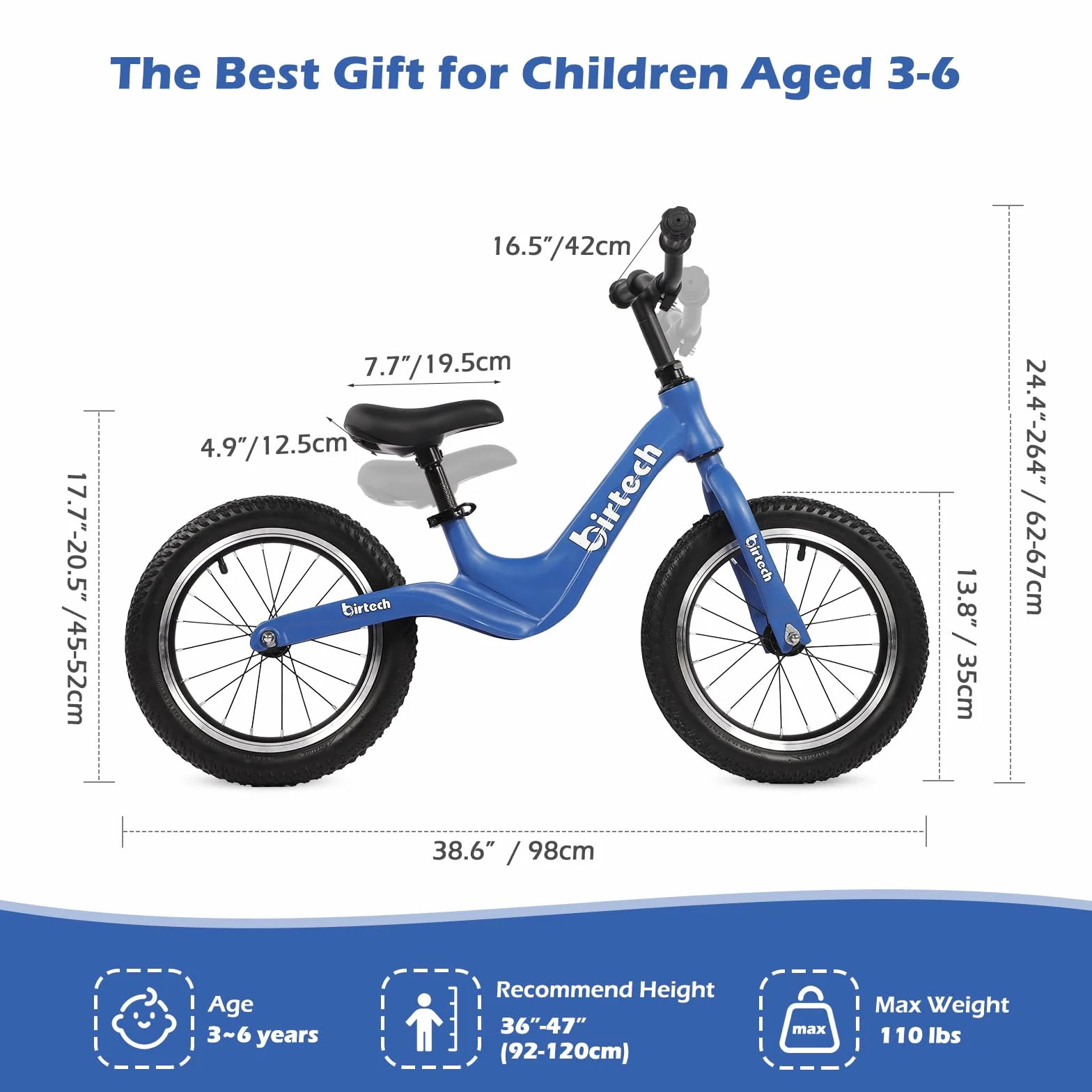 H.yeed Bicicletta da corsa per bambini da 35,6 cm (14 pollici) con pneumatici e telaio in lega di magnesio, leggera, senza pedale, bici da allenamento per bambini 3 4 5 6 anni (blu)