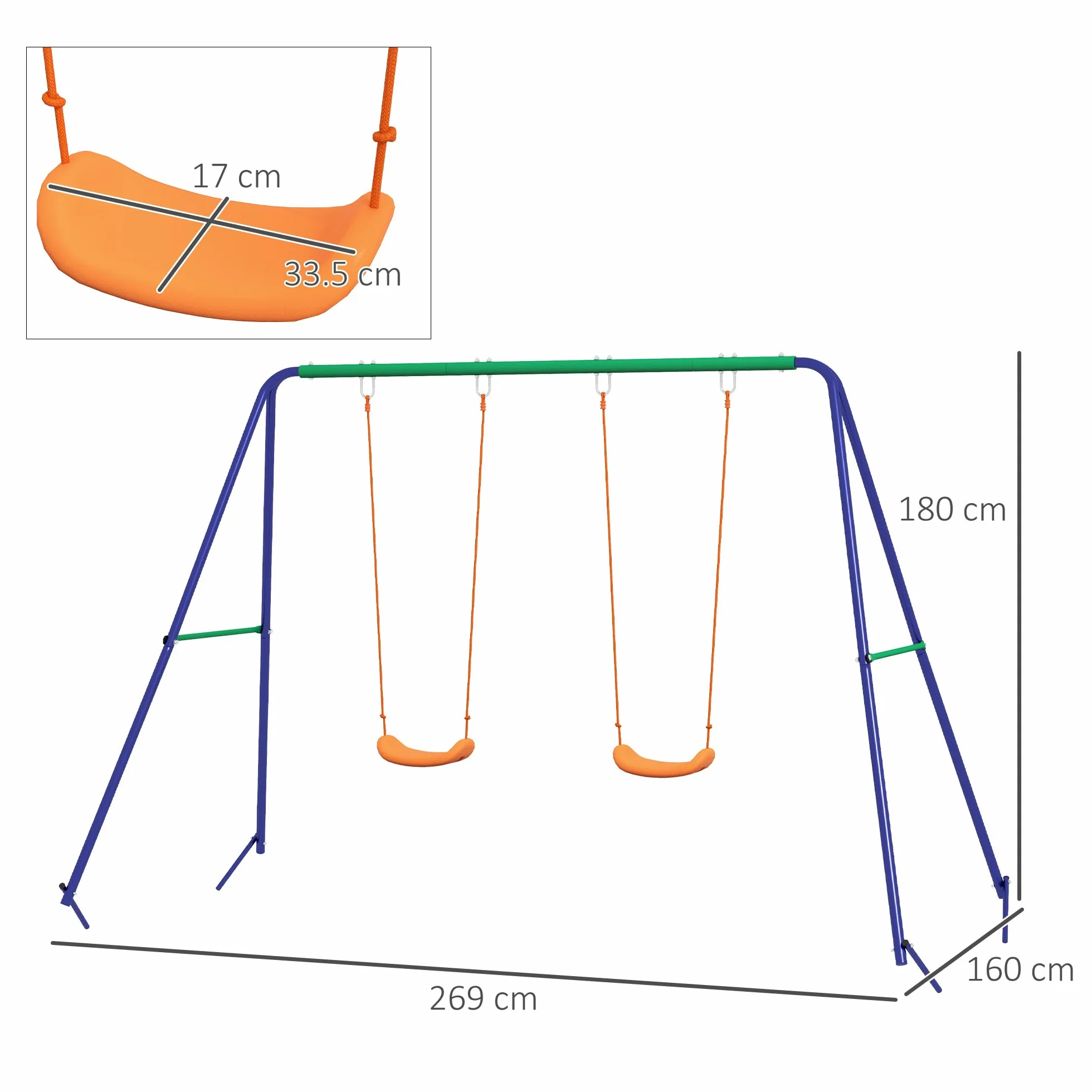 Outsunny Altalena per Bambini 3-8 Anni con 2 Seggiolini e 4 Picchetti, Altalena Doppia da Giardino in Metallo, 269x160x180 cm, Multicolore