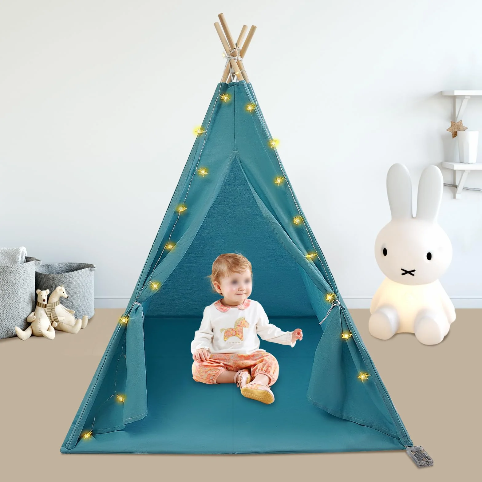 Tipi Tenda per Bambini con Tappetino e Catena Luminosa, Pieghevole in Cotone, Casetta Giocattolo 120 x 120 x 140 cm Blu
