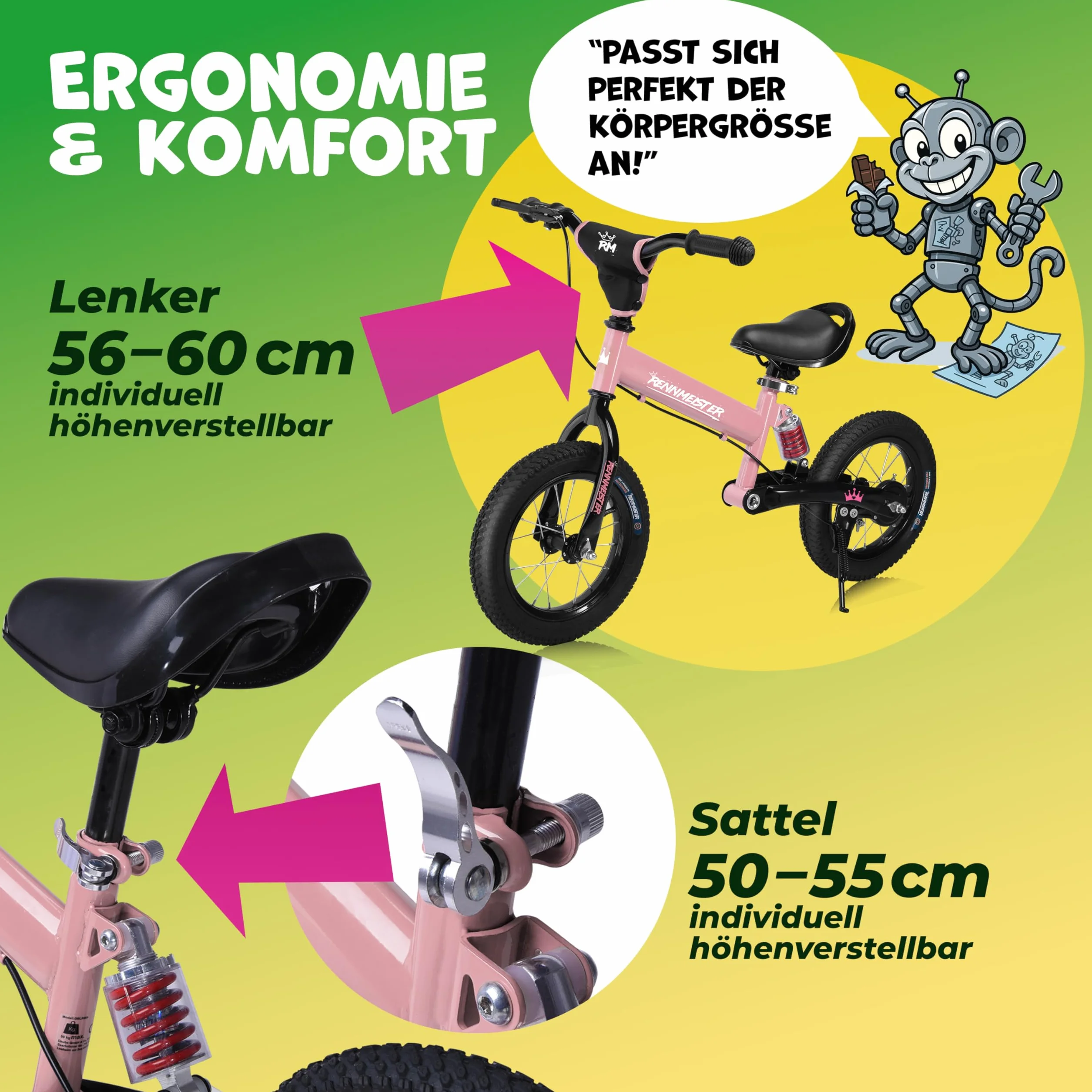 Bici per bambini da 2 Anni Ruota Apprendimento Freno Protezione dagli Urti Max Carico 50 kg Impugnature in Gomma, Fuchsia