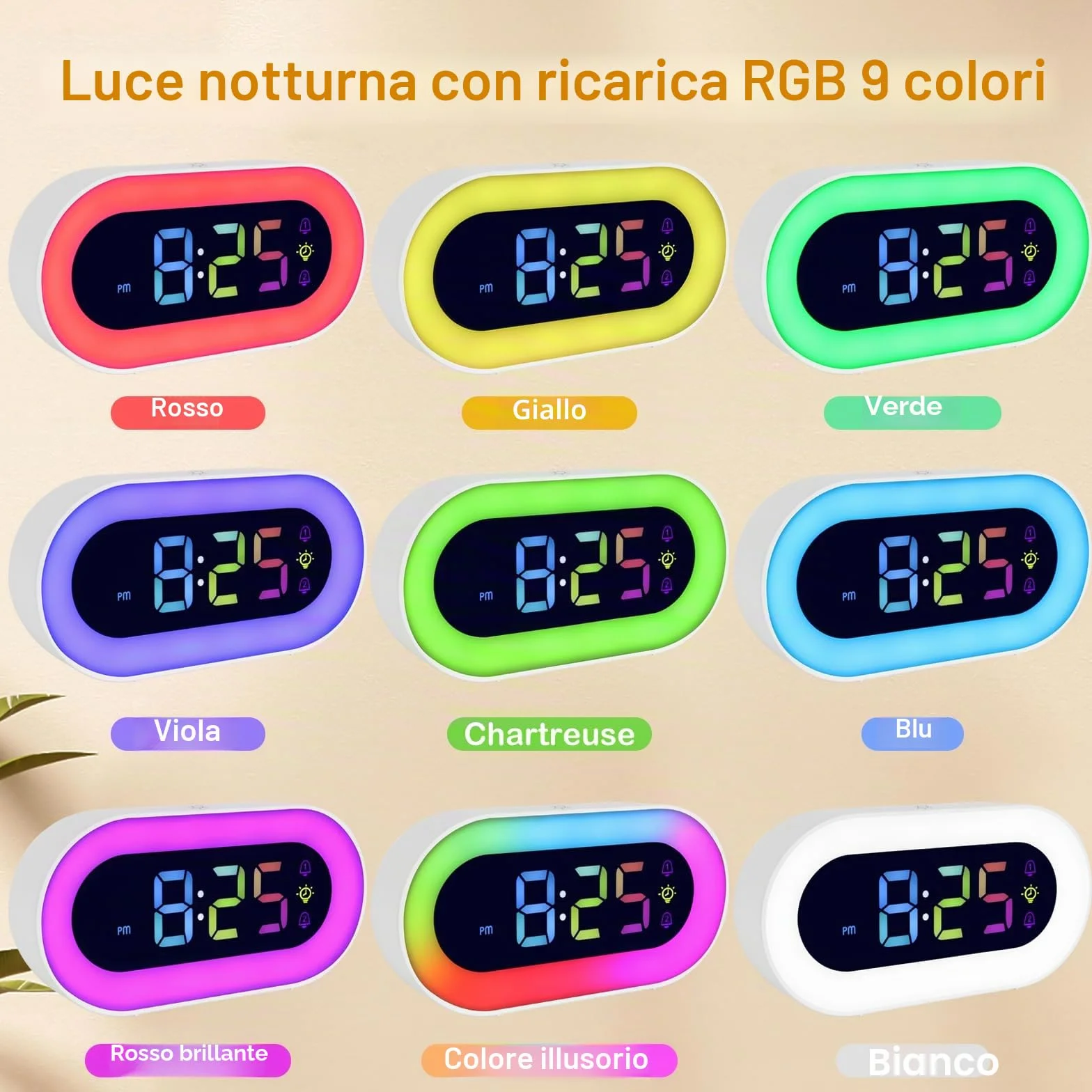 Seutgjie Sveglia Bambina, Sveglia Digitale da Comodino con Batteria USB Ricaricabile 2500mAh 9 RGB Luce Notturna Doppi Allarmi 18 Suonerie Modalità Snooze 12/24 ore Regalo Natale