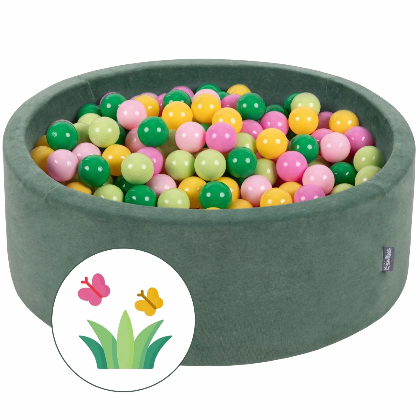 KiddyMoon Piscina di Palline Colorate 90X30cm/200 Palline ∅ 7CM per Bambini Tondo Fabbricato in EU, Primavera: Verde Chiaro/Verde/Giallo/Rosa Chiaro/Rosa