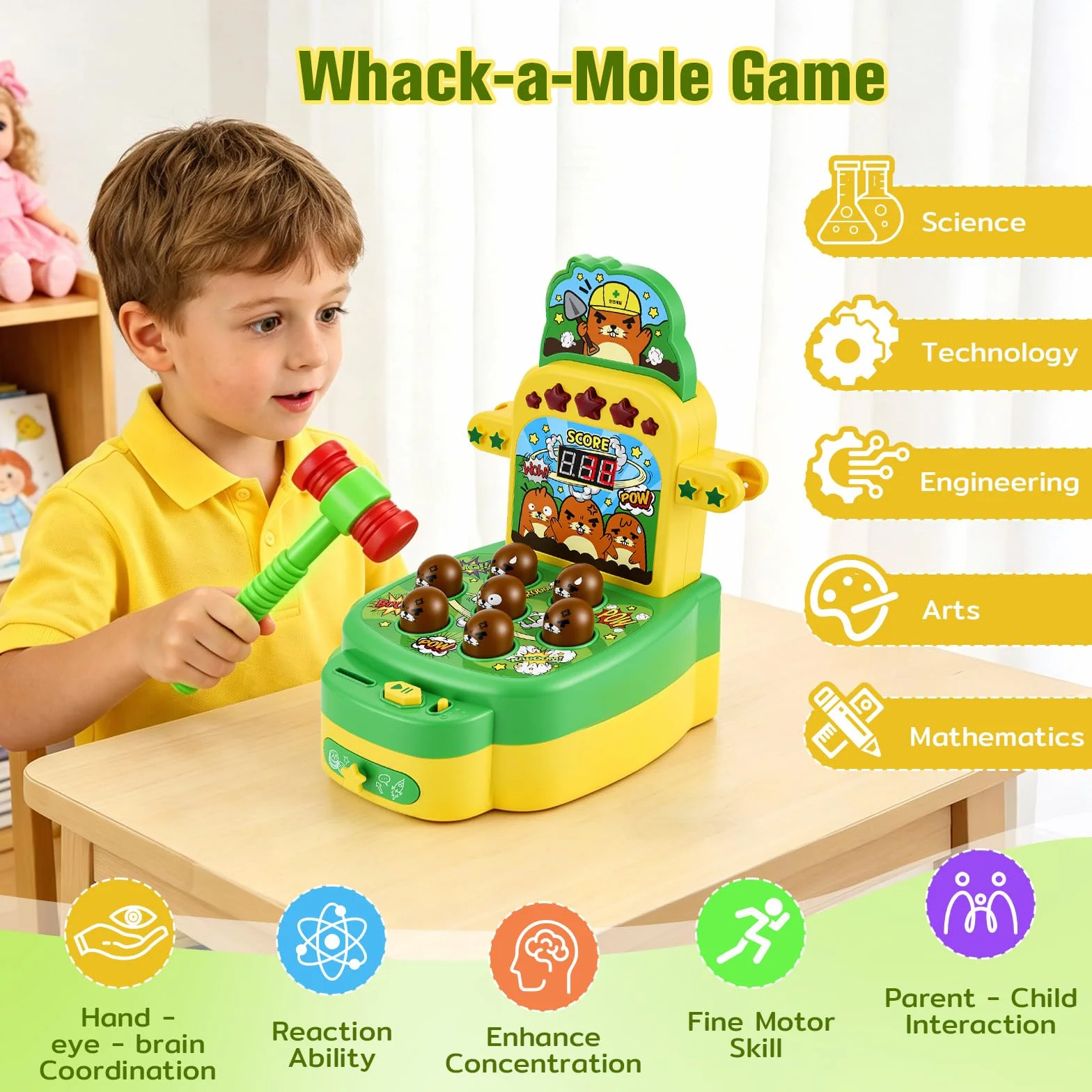 Gioco Colpisci la talpa per bambini Giocattolo musicale interattivo con 2 martelli per promuovere le capacità motorie Giocattolo educativo con luci ed effetti sonori, gioco arcade display LCD, verde