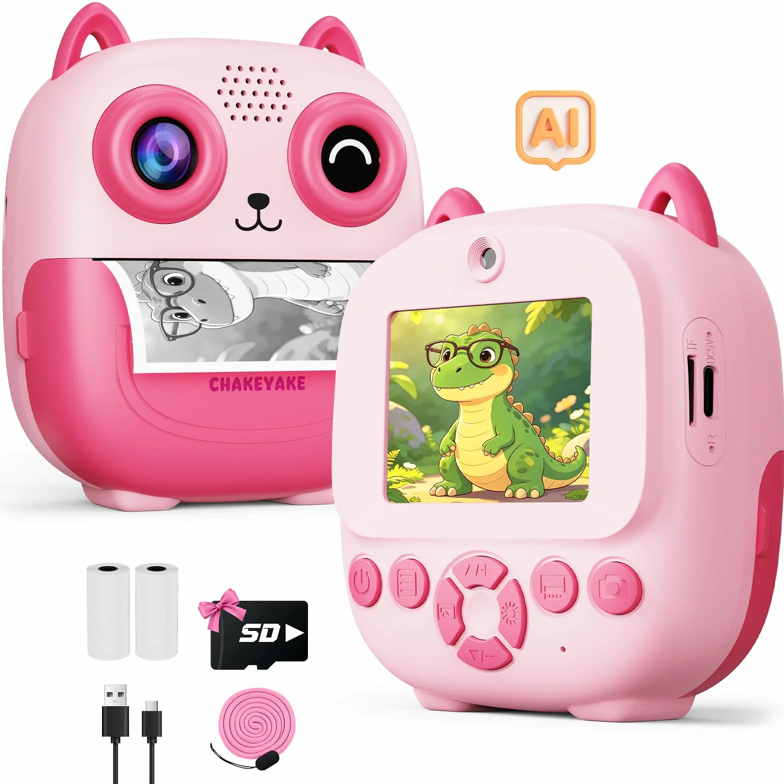 CHAKEYAKE Macchina Fotografica Bambini Istantanea, AI Riconoscimento Vocale E Immagini, Schermo da 2,4 Pollici, Funzione Foto & Video, Adesivi Creativi E Filtri, Regalo Per Ragazzi Ragazze, Rosa