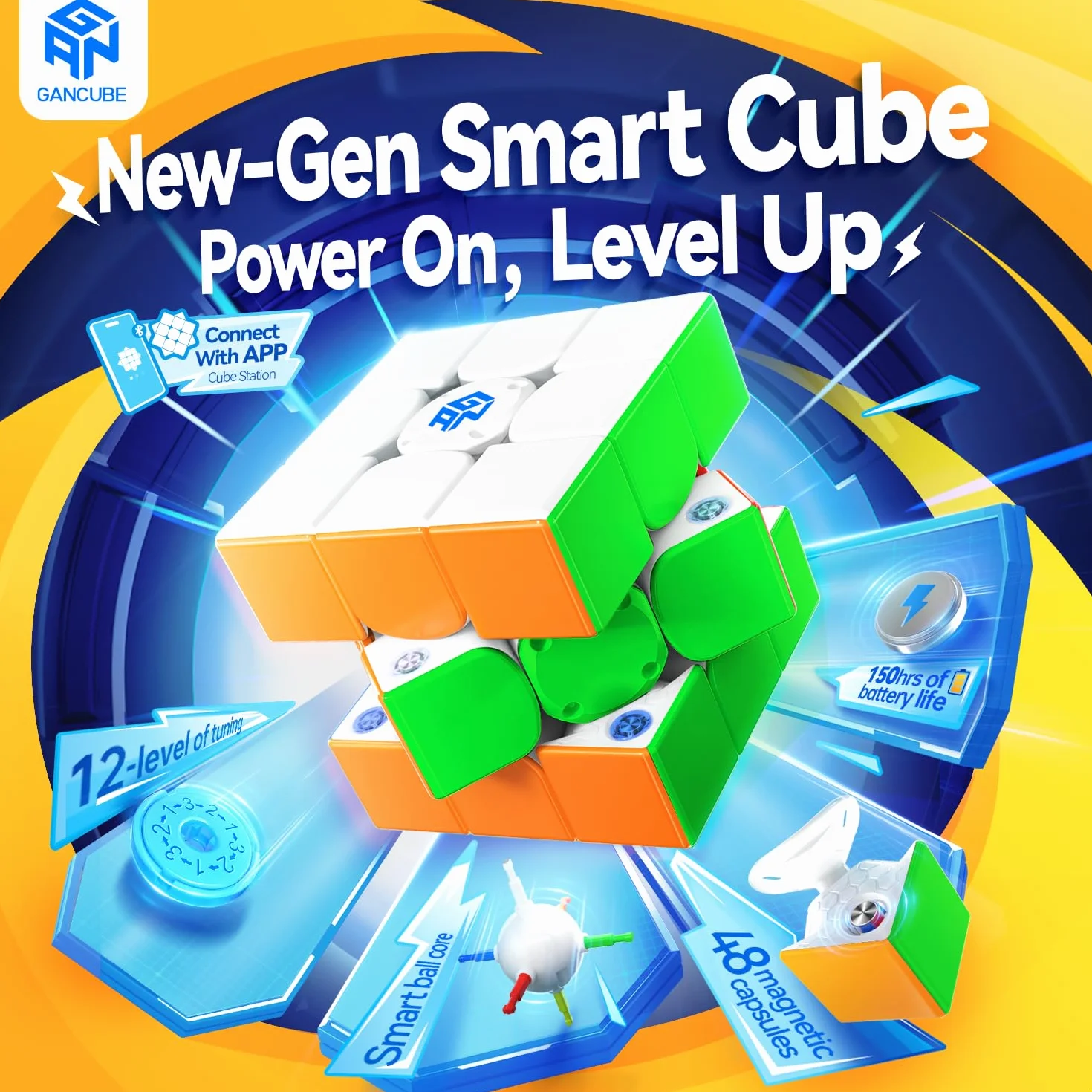 Gan 356icarryE Speed Cube Magnetico Smart Cubo 3x3, Struttura Batteria Sostituibili Intelligente Cubo Professionale Connessione Bluetooth App Online PK (Frosted)