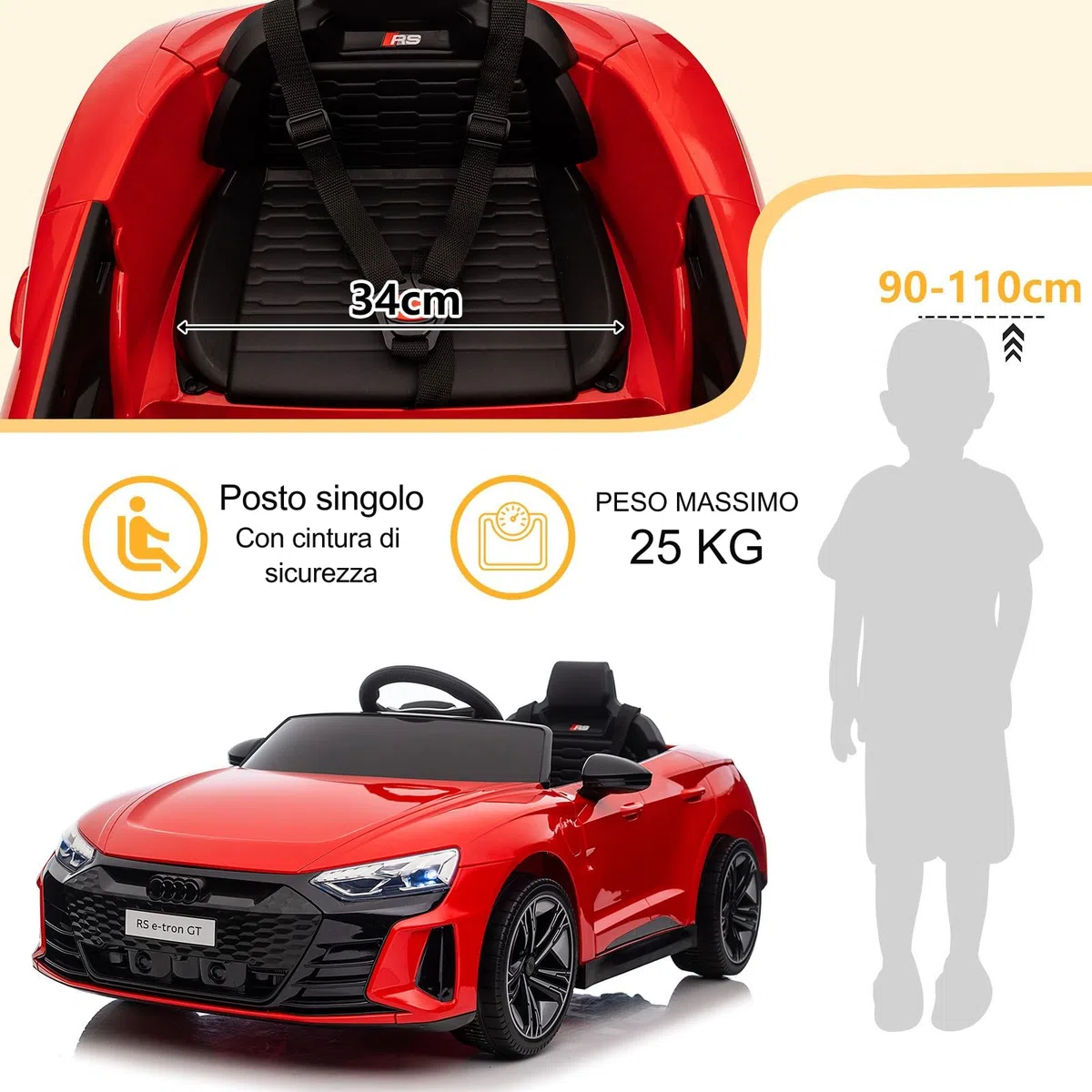AUDI RS E-tron 12V Auto Elettrica per Bambini 3-5 Anni con Doppi Motori, MP3, Telecomando Rosso
