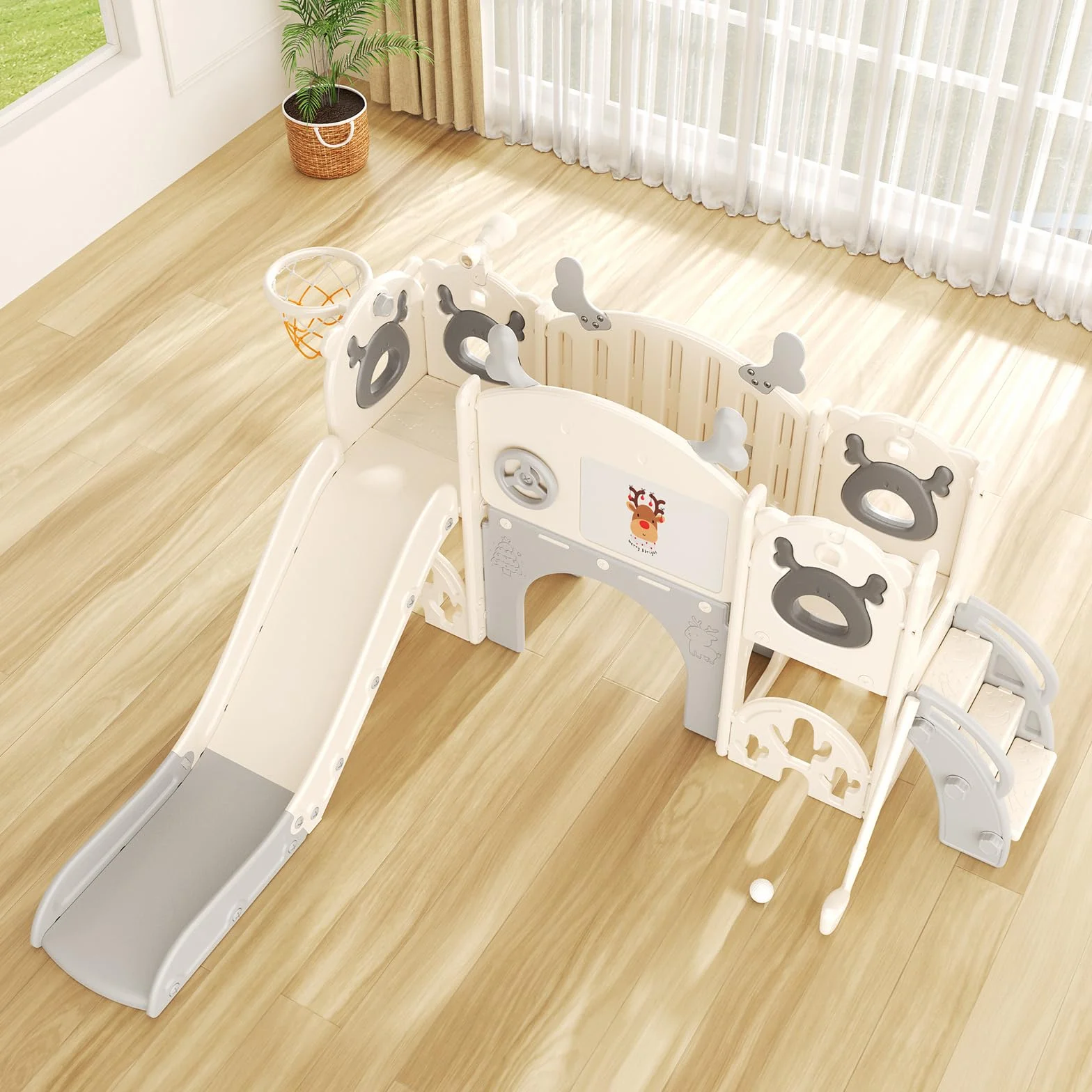 Scivolo per bambini con cerchio da pallacanestro, scivolo a tema Alce, parco giochi al coperto e all'aperto, kit da gioco per arrampicata indipendente con scivolo per bambini (beige grigio-7 in 1)
