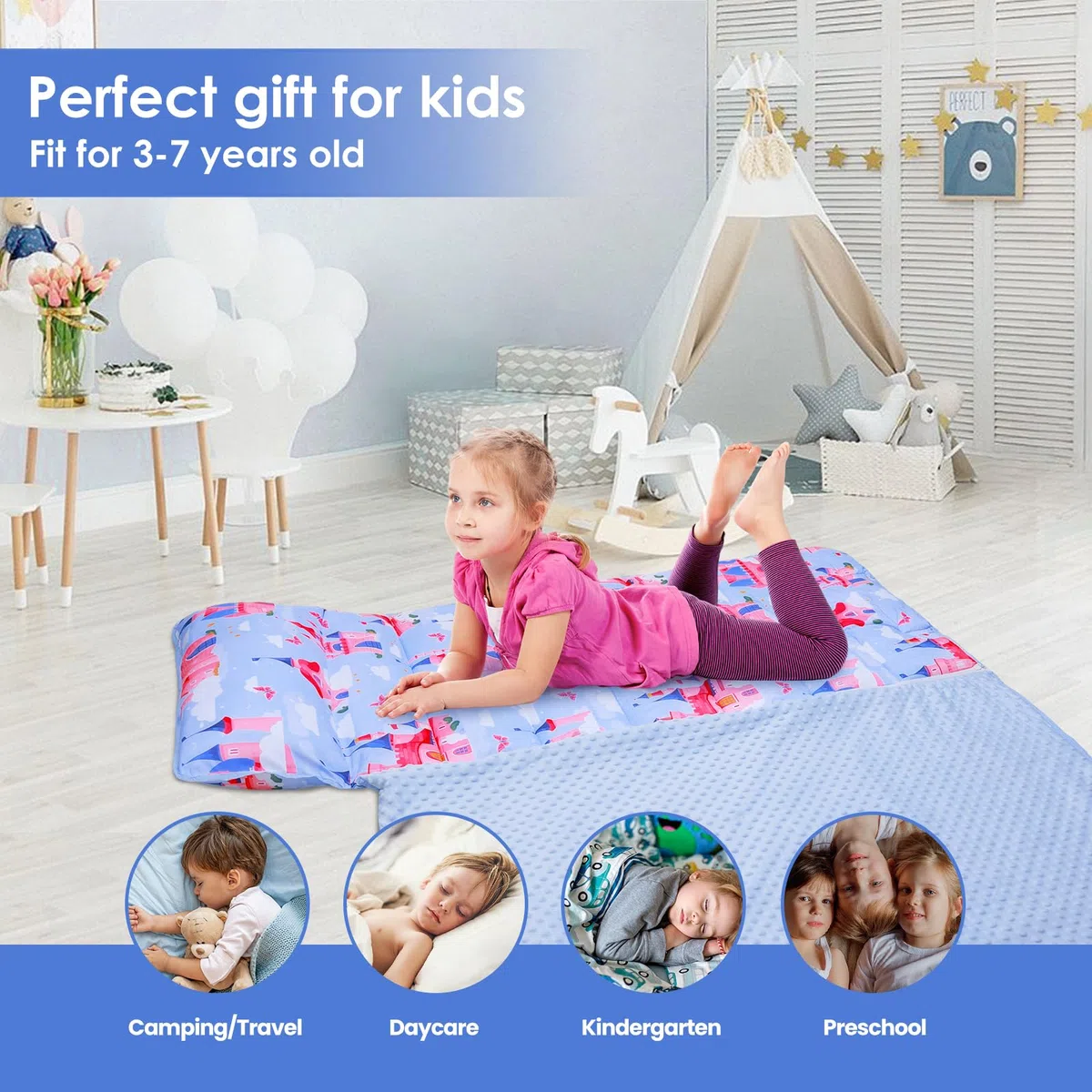 Nap Mat per Bambini con Cuscino e Coperta Rimovibili, Grande Extra Spesso 2 in 1 Sacco a Pelo Pieghevole per Ragazze Ragazzi, Nap Mats per Asilo Nido e Campeggio (Castello Blu)