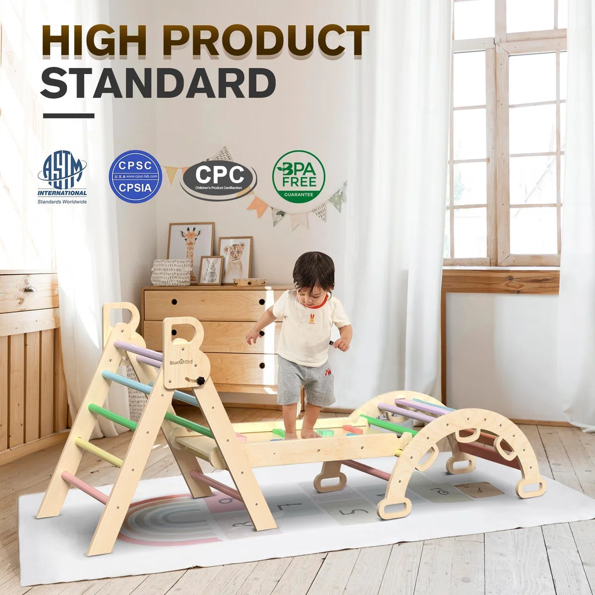 BlueWood Triangle Set 7-in-1 Pieghevoli in Legno Montessori Arco Rampe Scala Palestra Indoor per Bambini Arcobaleno