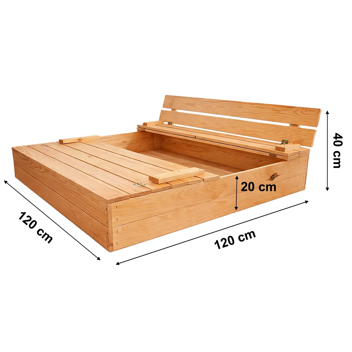 MG Design Sabbiera in legno 120 x 120 cm – con panchine pieghevoli e coperchio, sabbiera da giardino per bambini, sandbox legno esterno