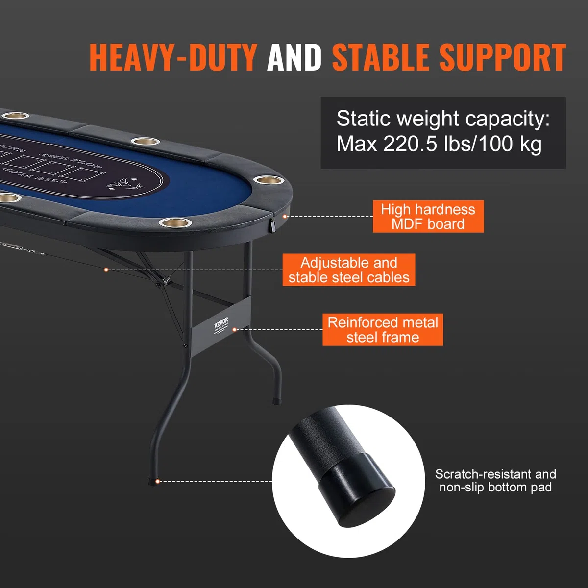 VEVOR Tavolo da Poker per Gioco Gambe per Tavolo Pieghevoli 1830 x 820 x 720 mm, Tavolo da Poker Pieghevole, Piano da Poker Nero e Blu Pieghevole 8 Giocatori ca., Tavolo Poker Copertura Antipolvere