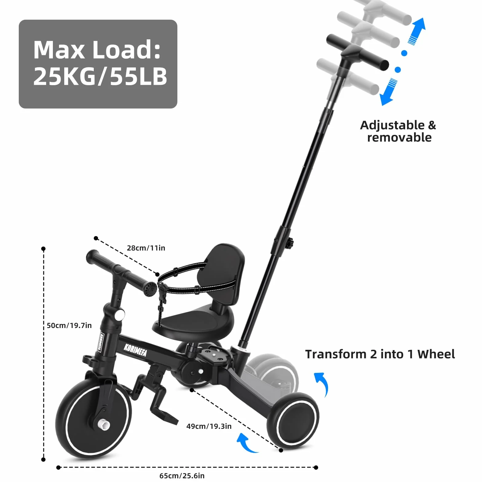 KORIMEFA Bicicletta per bambini, Triciclo a 3 ruote per bambini da 1-3 anni,maniglia di spinta, pedale rimovibile,schienale,maniglia di guida per i genitori,Natale per il primo compleanno (Nero)