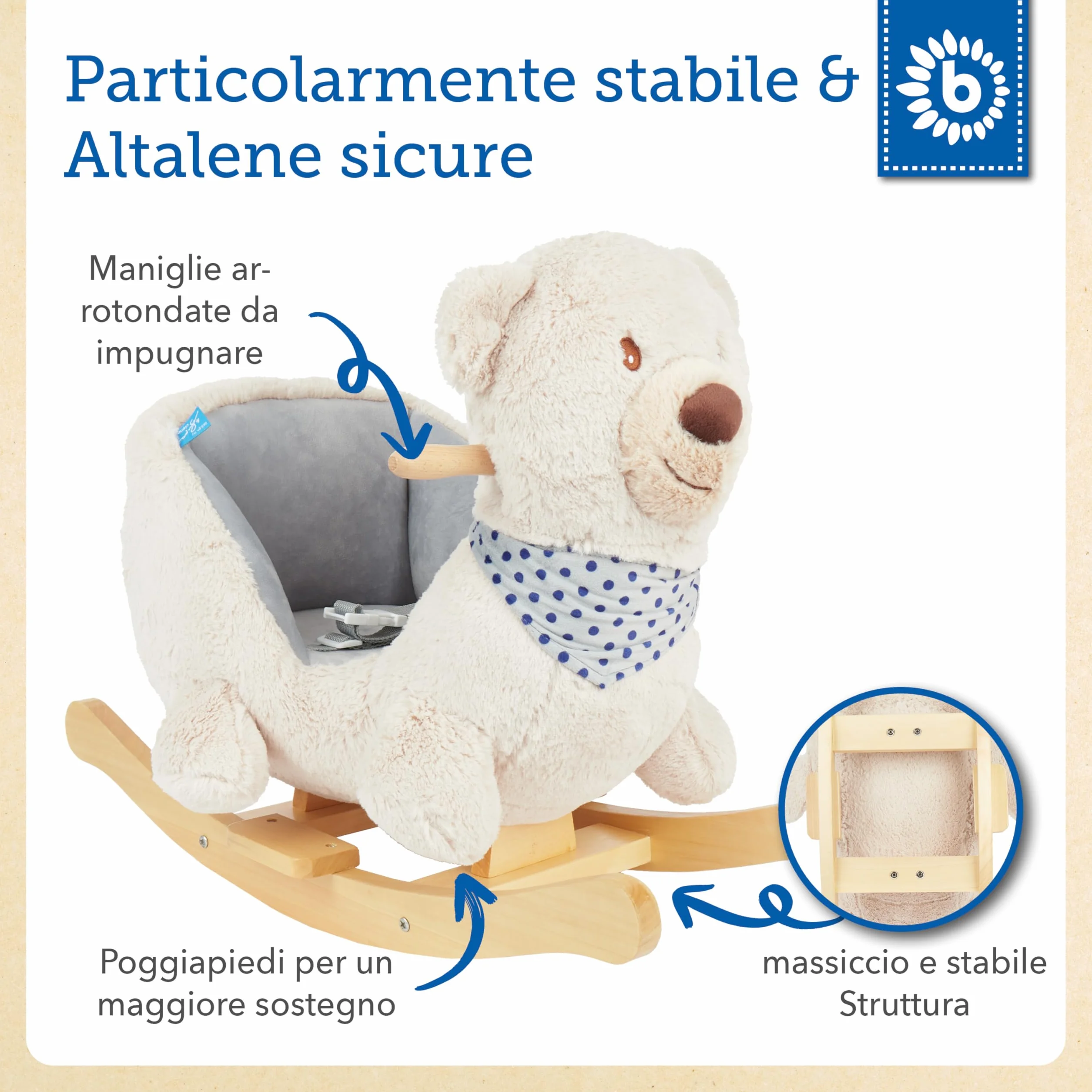 Bieco 74002111 - Dondolo Peluche Crema Orso Giocattolo, Sedia a Dondolo per Bambini con Struttura in Legno, Seduta e Schienale, Giocattoli a Dondolo, Schaukelbär per Neonati e Bambini da 9m +
