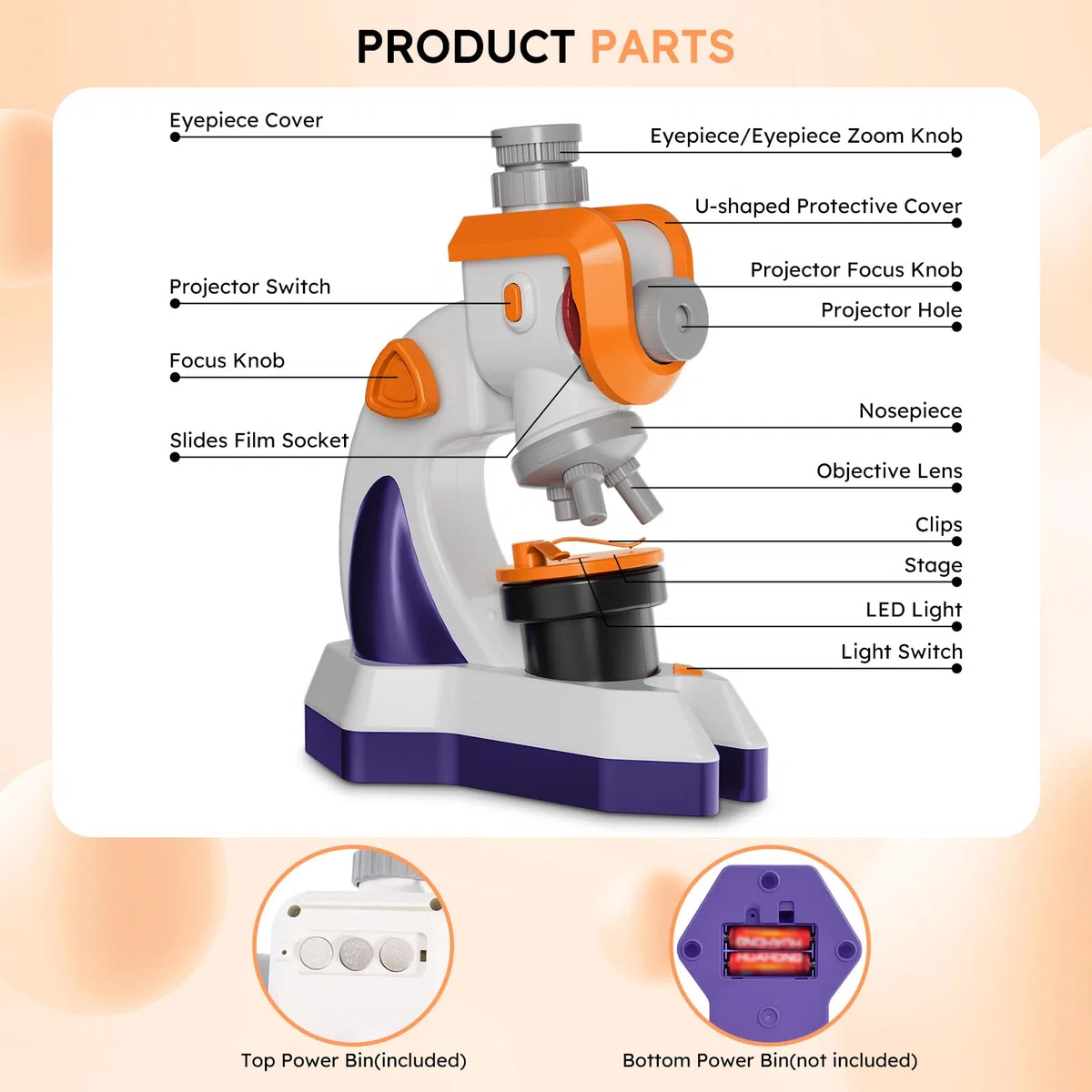 MAXLAPTER Microscopio per Bambini 1200X con Proiettore: Microscopio con Vetrini Preparati e Borsa per la Conservazione - Regali di Scienza Edu per Bambini Principianti di 8-12 Anni (Arancione-Viola)