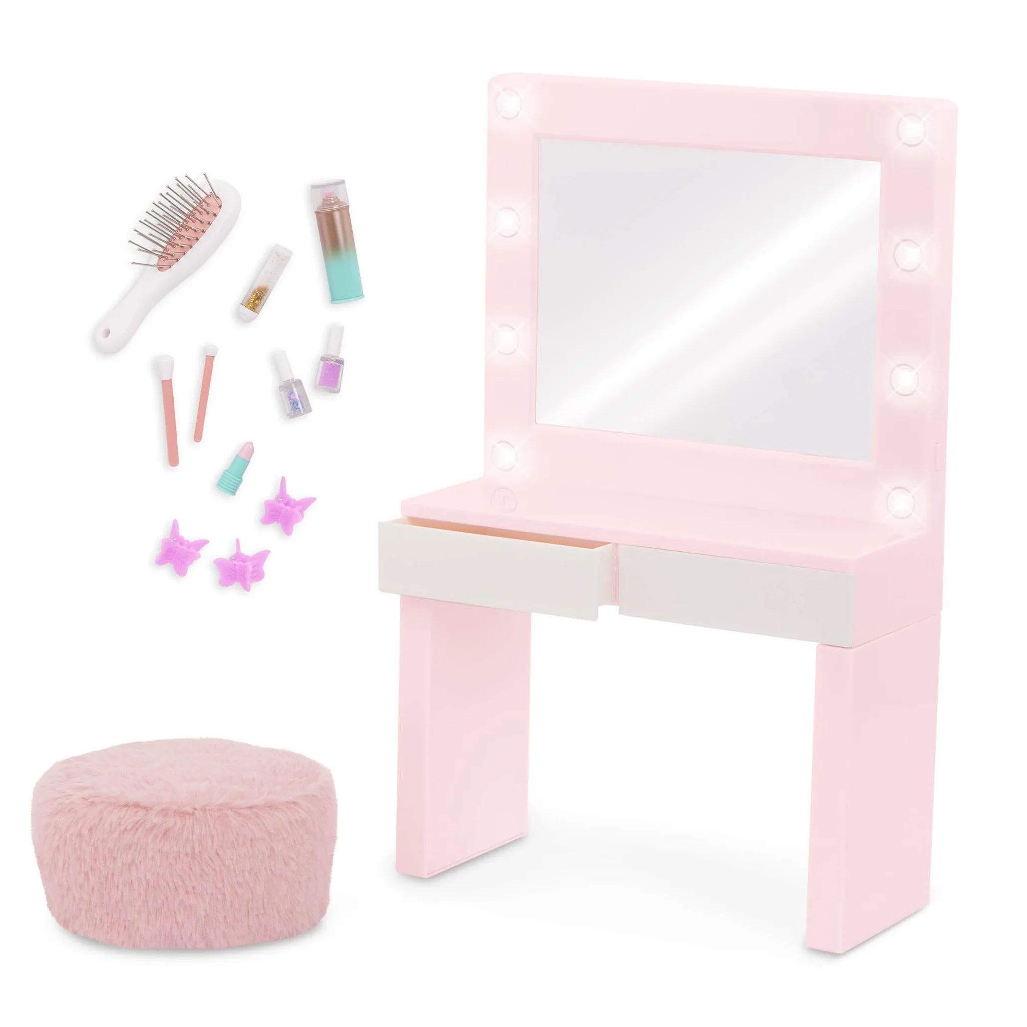 Our Generation Glam & Glow Vanità Playset - Tavolo Rosa con Specchio Luminoso - Giocattolo Trucco Bambini 3+
