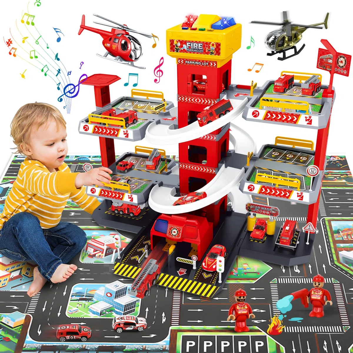 FORMIZON 5 Piani Parcheggio per Bambini dai 3 Ann, Parcheggio Macchinine con Garage, Ascensore, Rampe, Effetti Sonori e Luminosi, Garage Mmacchine per Bambini con 8 Autos e 3 Elicottero (Rosso)