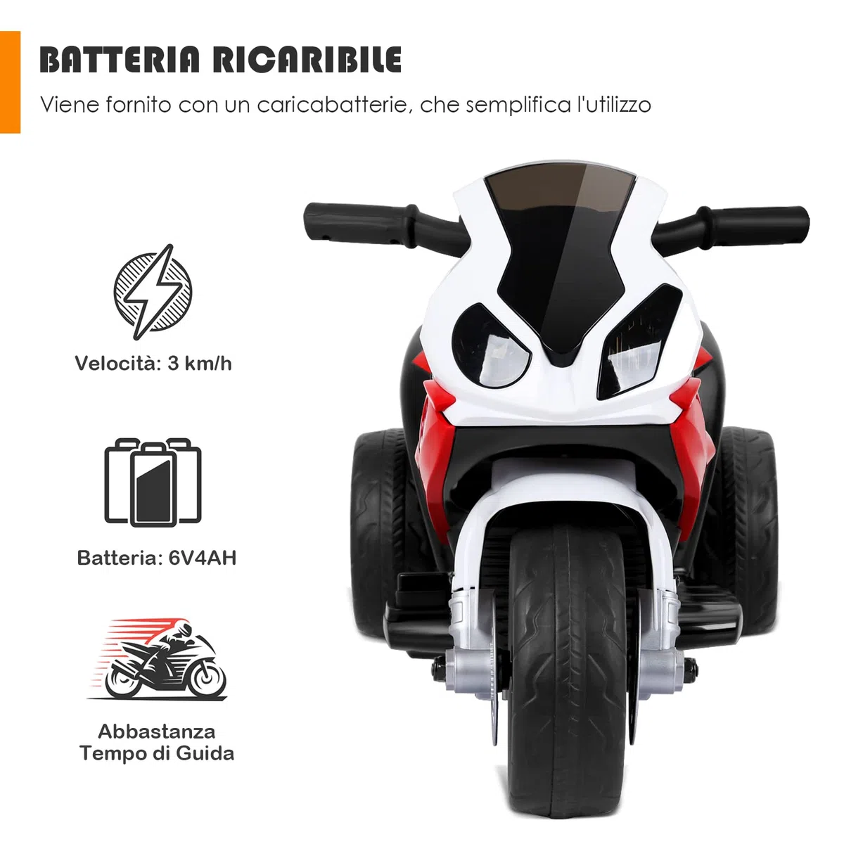 RELAX4LIFE BMW-S 1000 RR 6V Moto Elettrica Bambini 3 Ruote Musica Luci Clacson Triciclo Elettrico 18-36 Mesi 20 kg Rossa