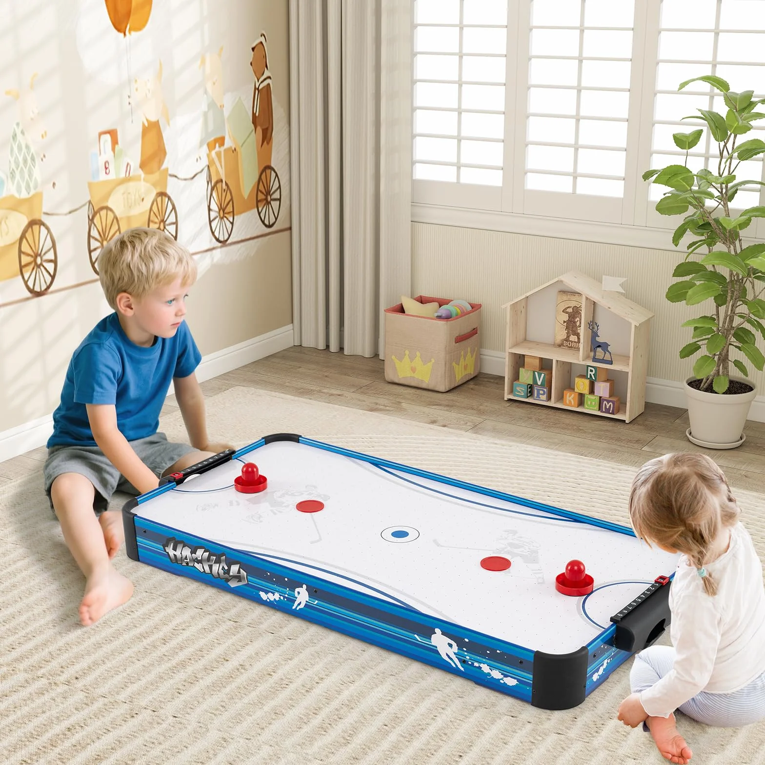 COSTWAY Tavolo da Air Hockey, con 12V Motore Elettrico Potente, 2 Dischi e 2 Spintori, Air Hockey da Tavolo per Sala Giochi Casa Ufficio, 108x50,5x10 cm