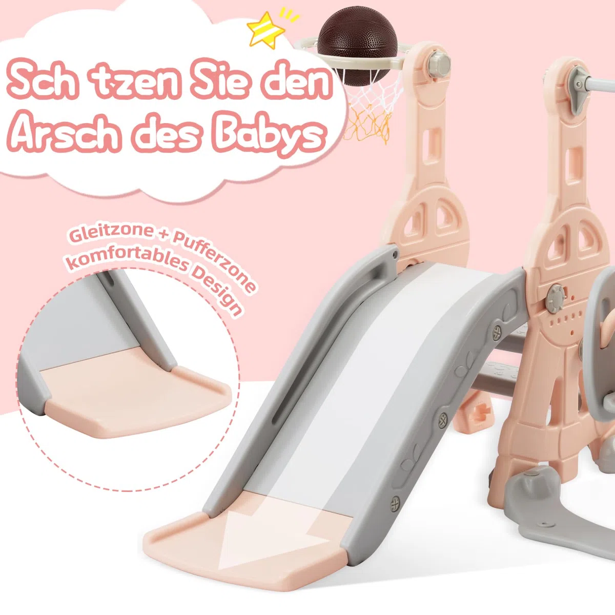 Scivolo per bambini 4 in 1, per interni ed esterni, con altalena, struttura per arrampicata, basket, scivolo da giardino, parco giochi per bambini, Easy Assembly (rosa – 4 in 1)