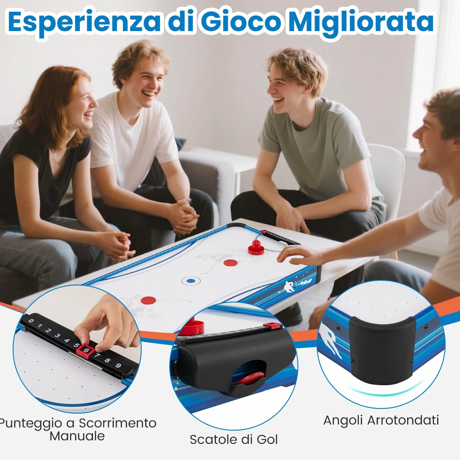 COSTWAY Tavolo da Air Hockey, con 12V Motore Elettrico Potente, 2 Dischi e 2 Spintori, Air Hockey da Tavolo per Sala Giochi Casa Ufficio, 108x50,5x10 cm