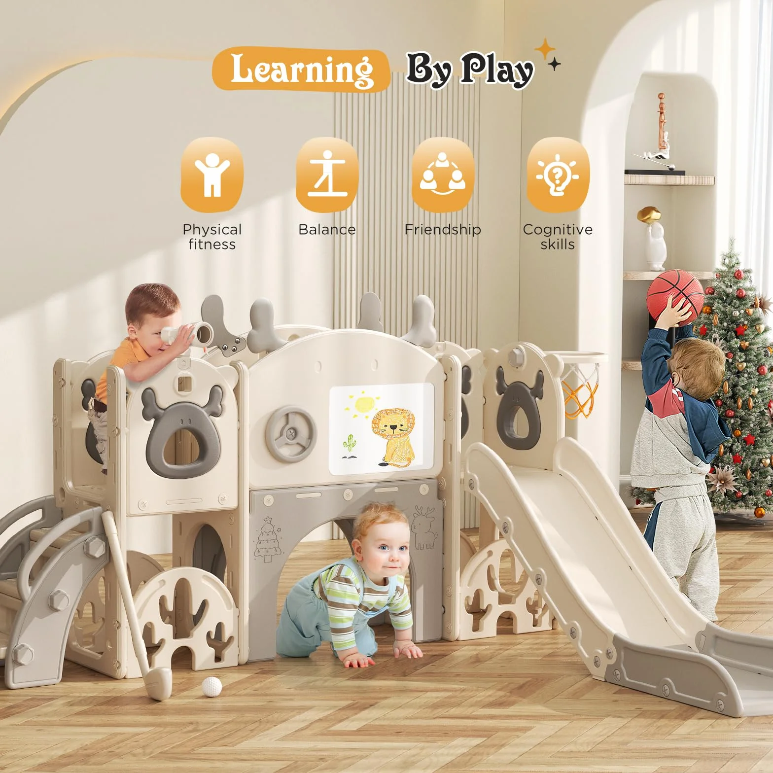 Scivolo per bambini con cerchio da pallacanestro, scivolo a tema Alce, parco giochi al coperto e all'aperto, kit da gioco per arrampicata indipendente con scivolo per bambini (beige grigio-7 in 1)