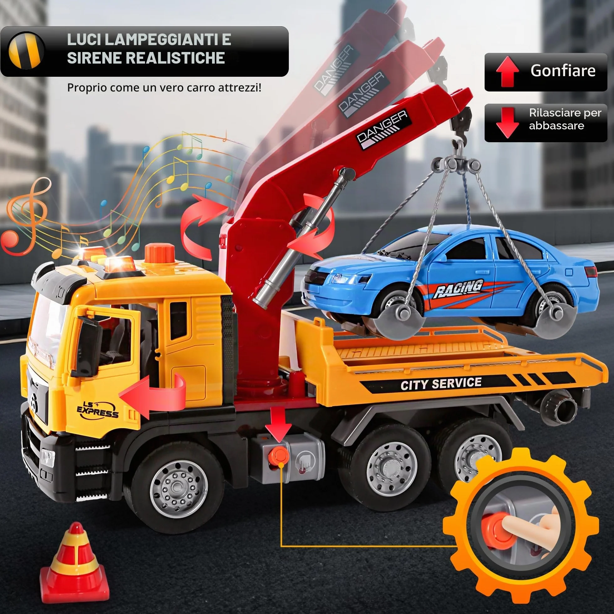 BunnyJOY Camion Giocattolo Bambini 3 4 5 6 Anni, Camion Soccorso Giocattolo con Luci e Suoni, Carro Attrezzi con Gru e Catena con Auto Inclusa, Regalo Bambini