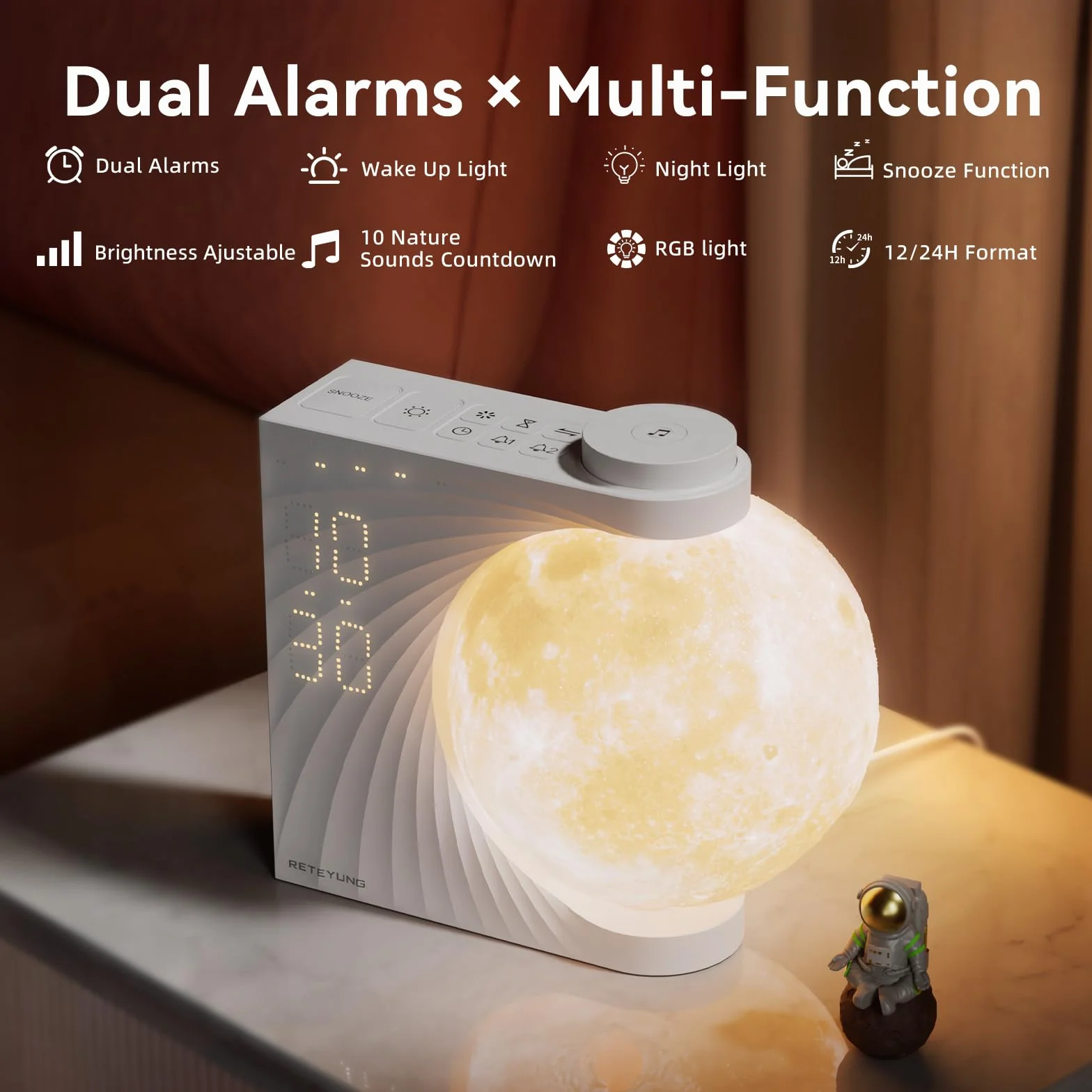 RETEYUNG Lampada Luna con Luce,2 Sveglie, Lunare RGB 8 Colori, Suoni Naturali, Wake Up Light, Lampada da Comodino a 3 Livelli di Luminosità Luce Notturna per Donne Ragazze Ragazzi (Rotazione manuale)