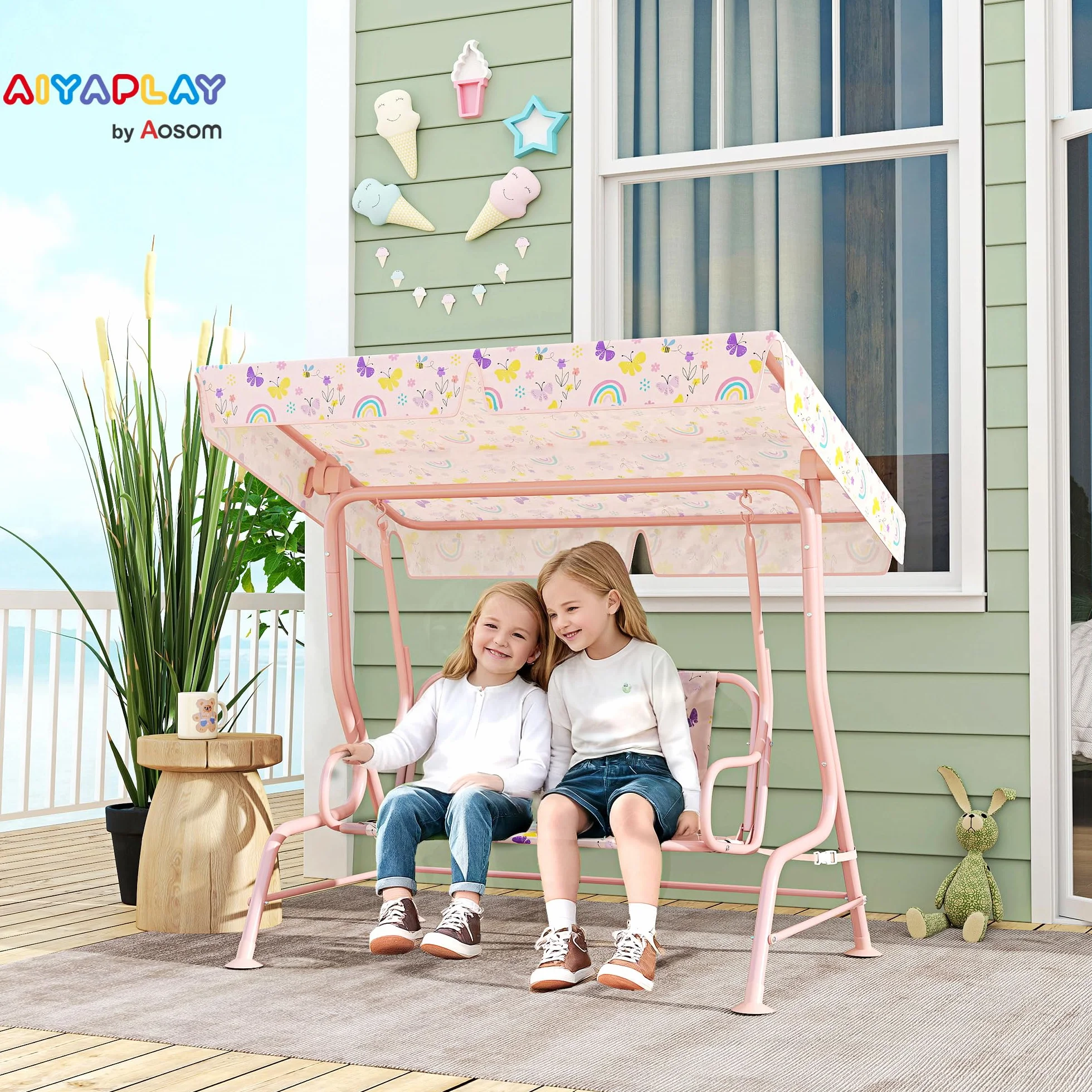 AIYAPLAY Dondolo per Bambini da Esterno a 2 Posti con Tettuccio Regolabile e Cinture di Sicurezza, Altalena Dondolo da Giardino e Interno in Acciaio e Oxford, Max 60 kg, 112x75x120 cm, Rosa