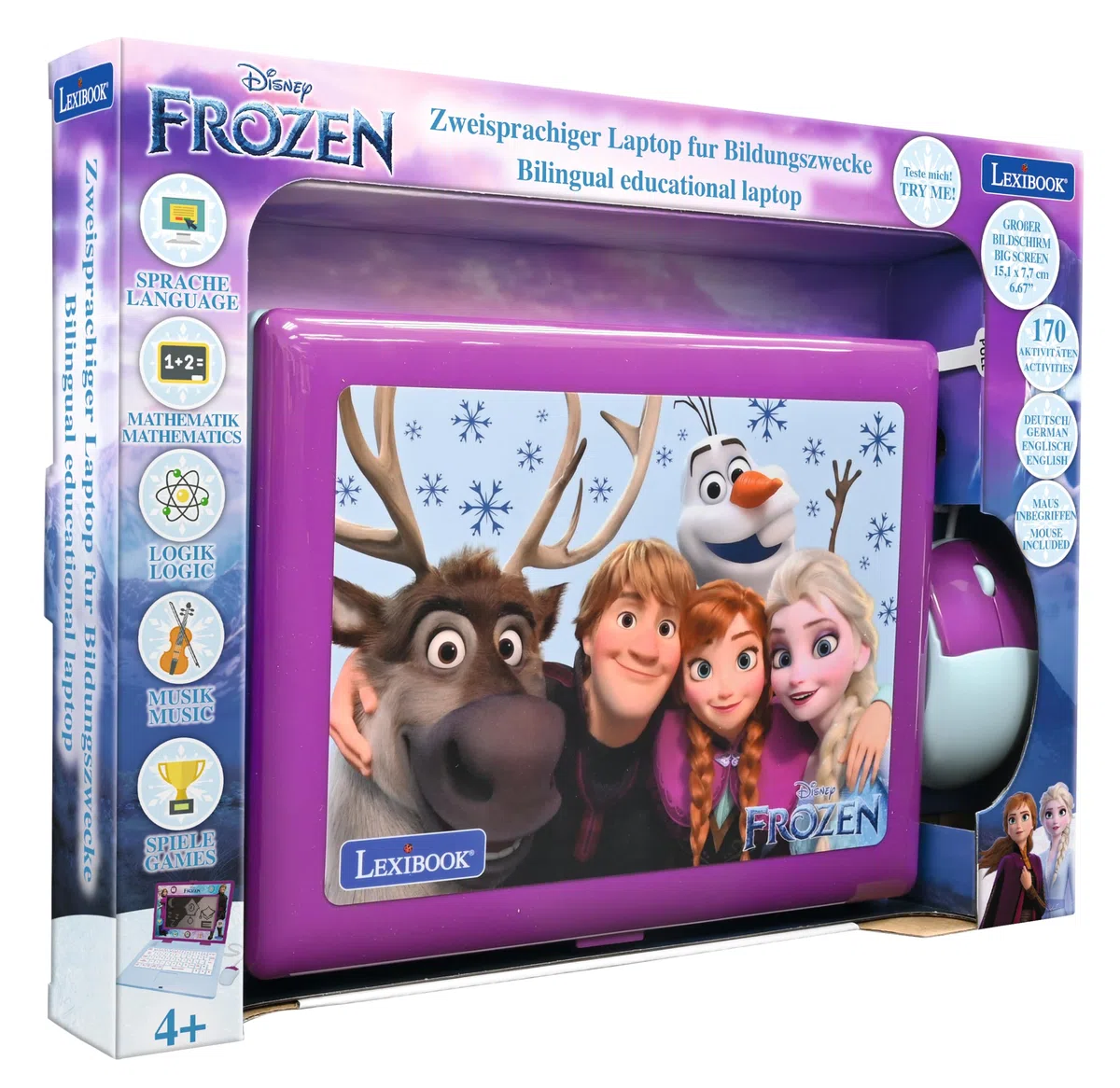 Lexibook, Frozen, Bilingue ed Educativo Laptop Tedesco/Inglese, Giocattolo per Bambini, 170 attività per Imparare, Giocare e Musica, Schermo Grande, Viola/Blu, JC599FZi3