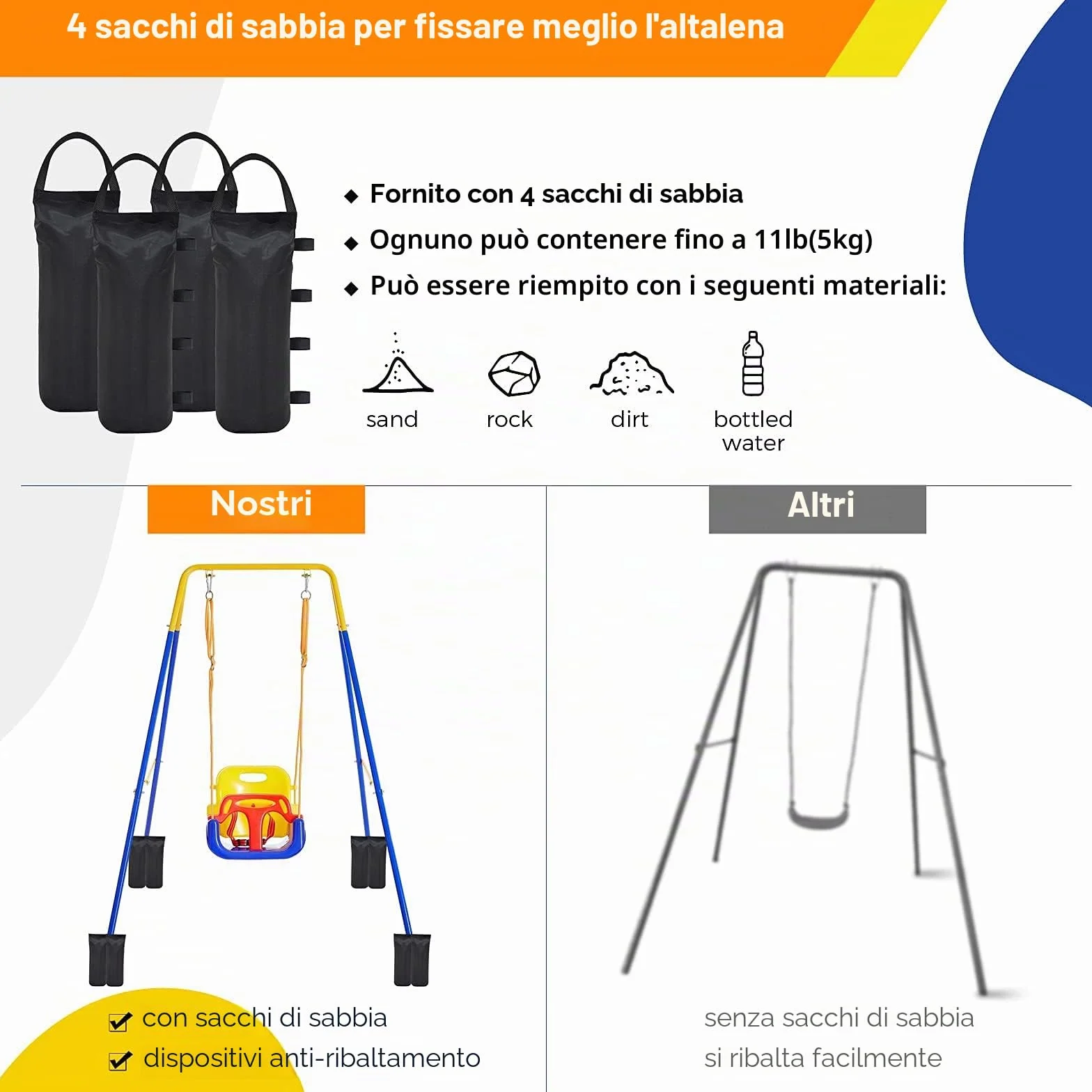 FUNLIO 3-in-1 Altalena per Bambini & 4 Sacchi di Sabbia, Resistente per Cortile, Altalena per Bambini Indoor/Outdoor, Supporto in Metallo Pieghevole e Istruzioni Chiare, Facile da Montare e Conservare