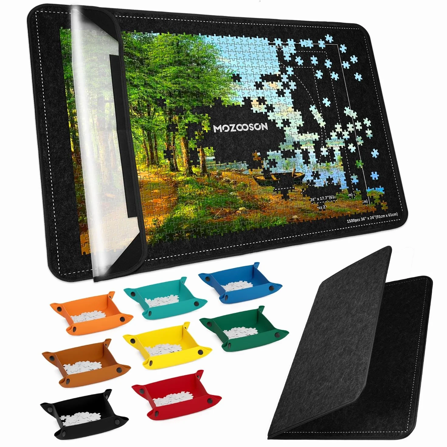 MOZOOSON Tappetino Puzzle Pieghevole 2000 Pezzi - Contenitore 41,3 x 31,5 cm con Copertura - 8 Vassoi di Sorting e Copertina per Spostamento e Memorizzazione