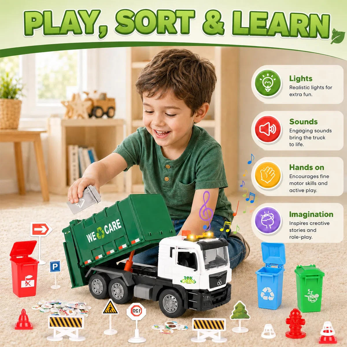 BunnyJOY Camion Spazzatura Giocattolo 3-6 Anni Luci e Suoni Veicolo Raccolta Rifiuti Regalo Verde