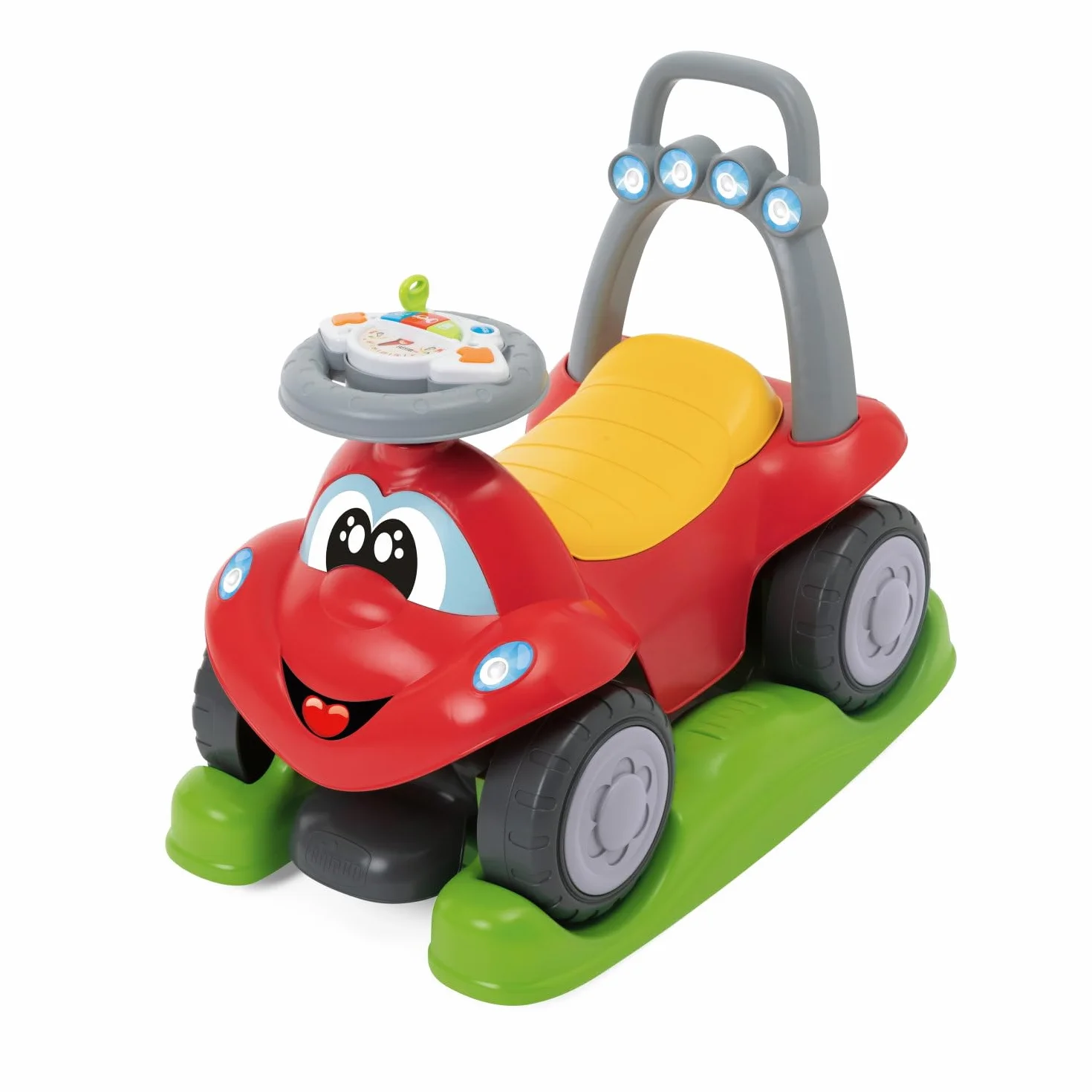 Chicco Billy Quattro, Gioco 4in1 Evolutivo,Cavalcabile,Primipassi,Dondolo,Spingi&Vai,Volante Elettronico con Luci e Suoni, Made in Italy,Plastica Riciclata 80%,Giochi Bambini 9-36 Mesi, Red, Rosso