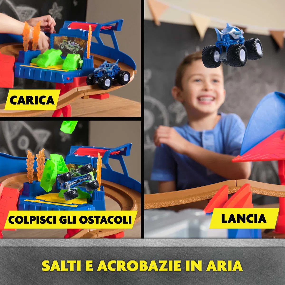 Monster Jam Set Gioco Supercharge Speedway Pista Illuminata World Finals Monster Truck Die-Cast Megalodon El Toro Loco Scala 1:64